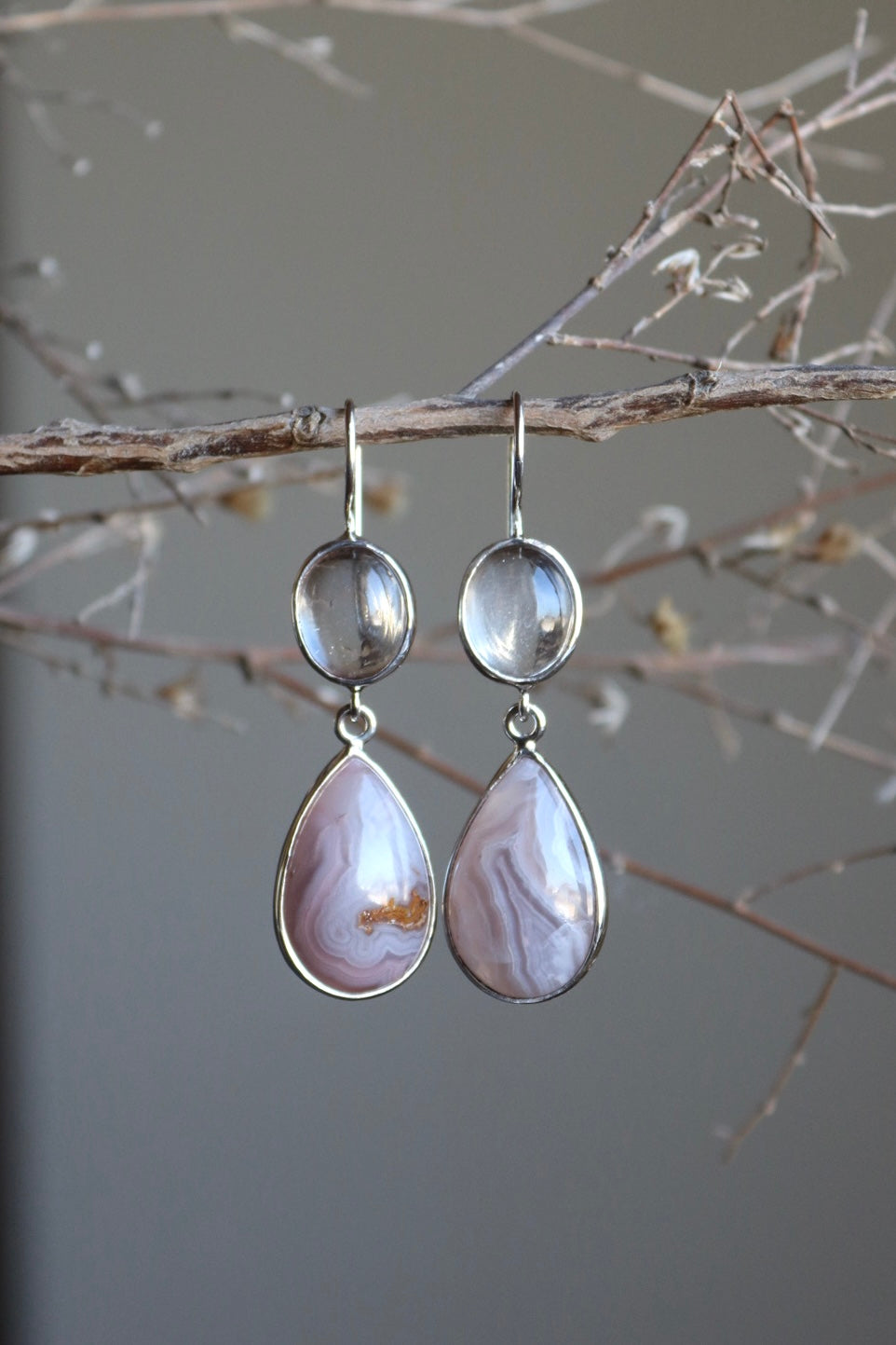 Agate & Quartz Silver Earrings