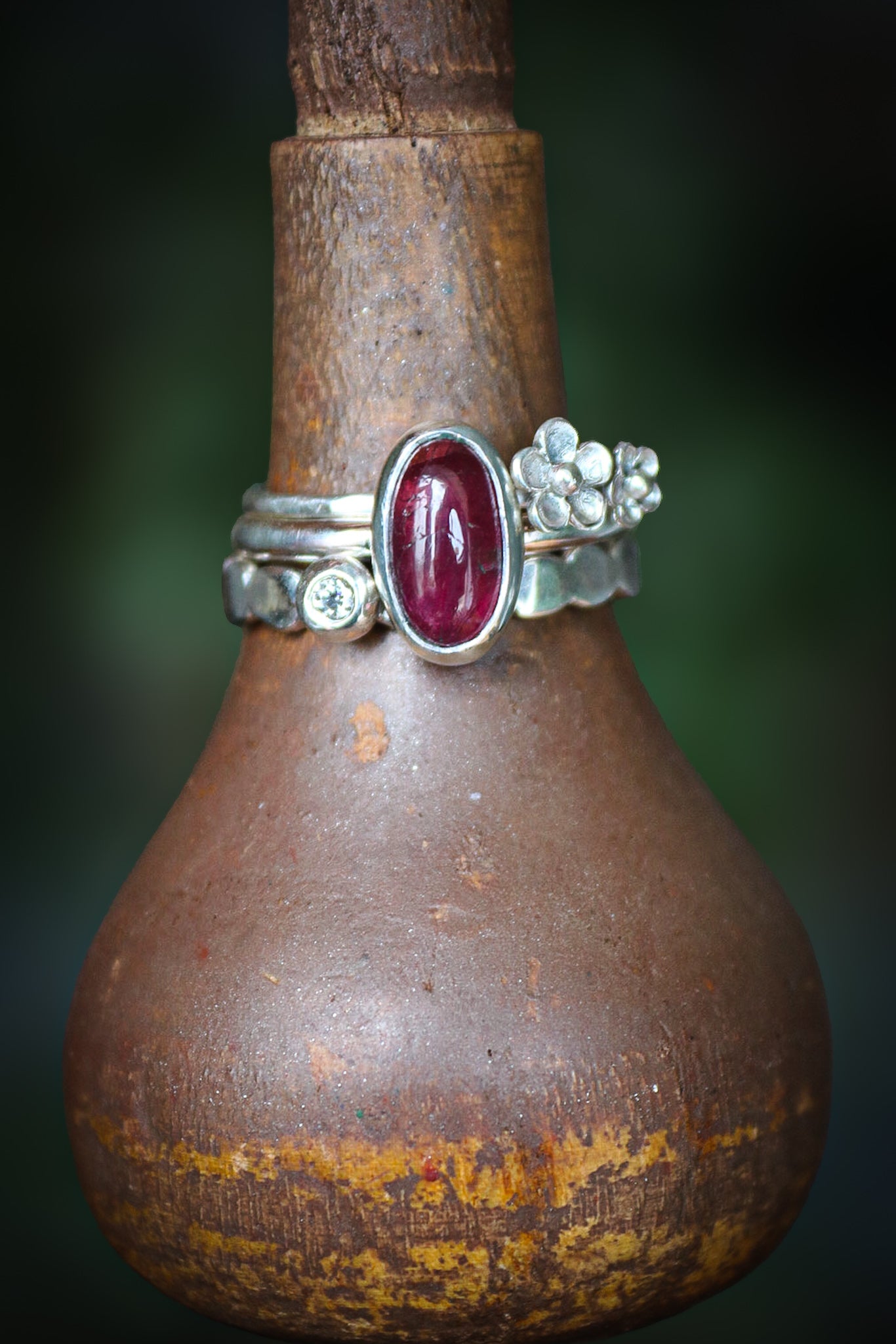 Tourmaline & Moissanite Silver Ring Set (7.0)