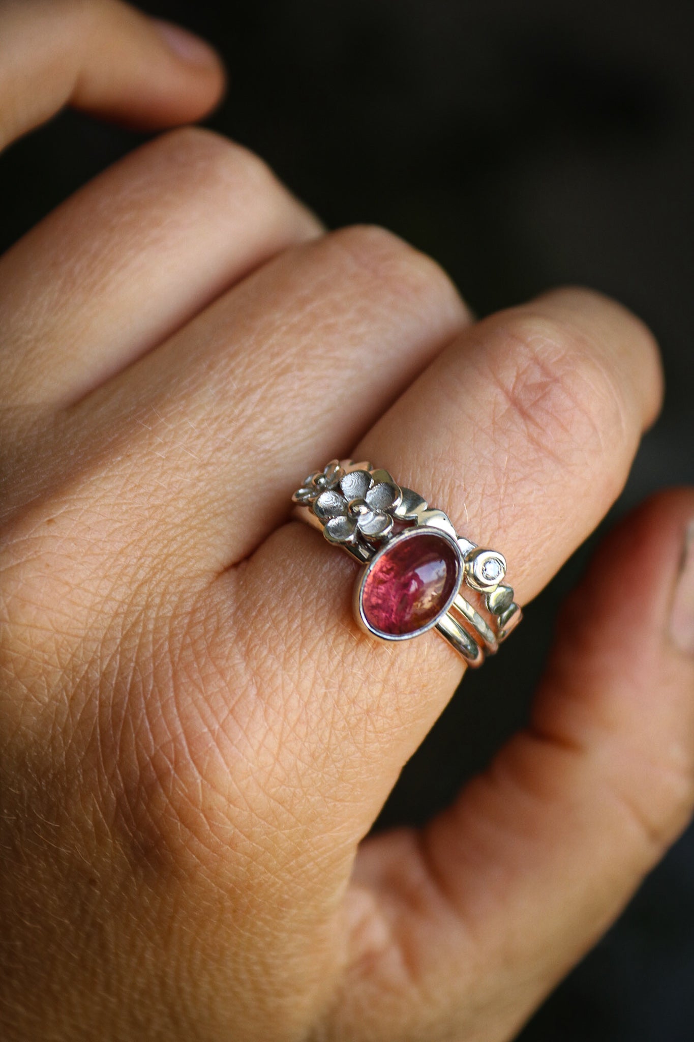 Tourmaline & Moissanite Silver Ring Set (9.0)