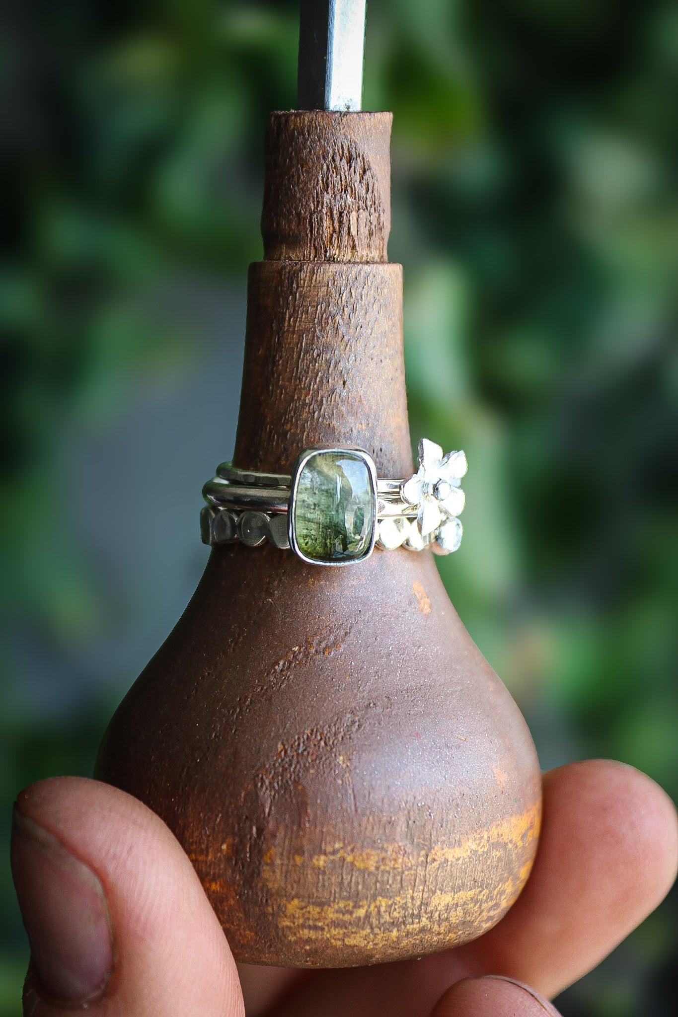 Tourmaline & Moissanite Silver Ring Set (8.0)