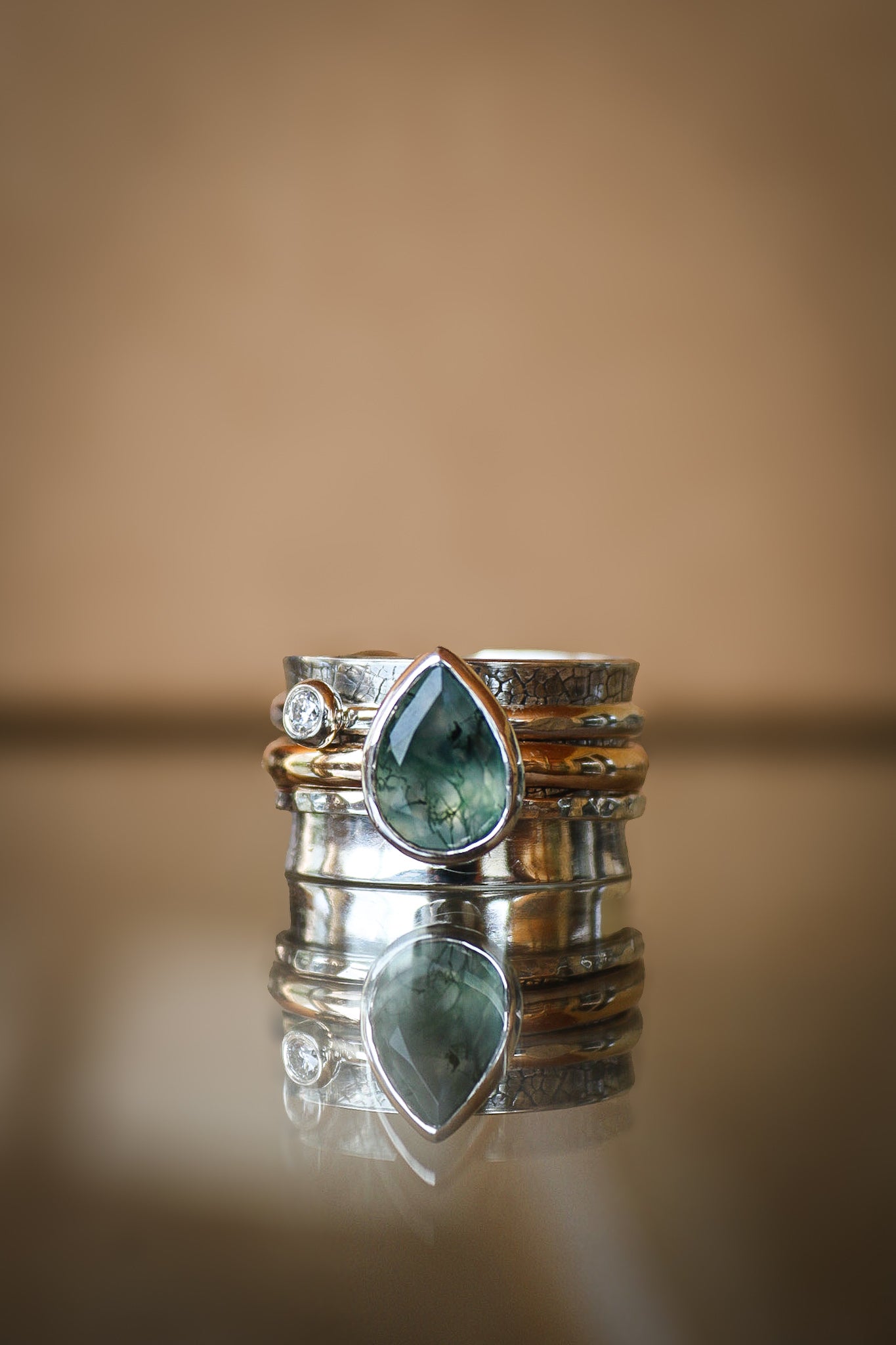 Spinner Ring with Moss Agate & Moissanite