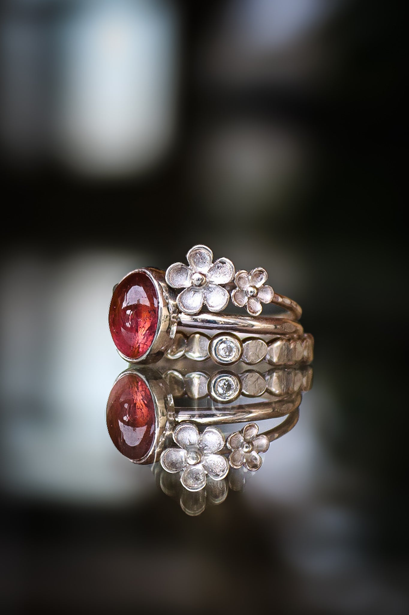 Tourmaline & Moissanite Silver Ring Set (9.0)
