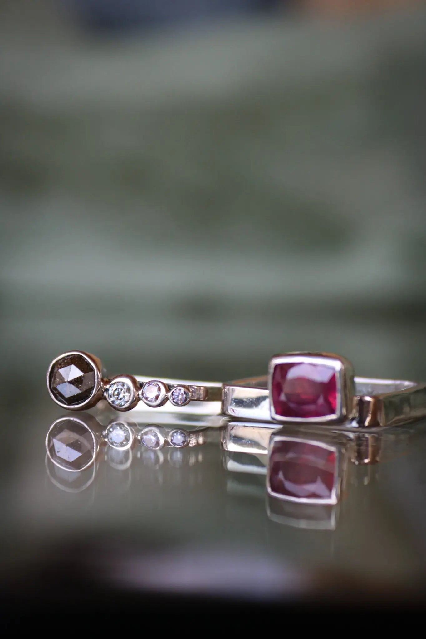 Silver Ring Set with Ruby Sapphire, Salt & Pepper Diamond, and Moissanites (size 8.5-9.0) ORI Jewelry ORI Jewelry