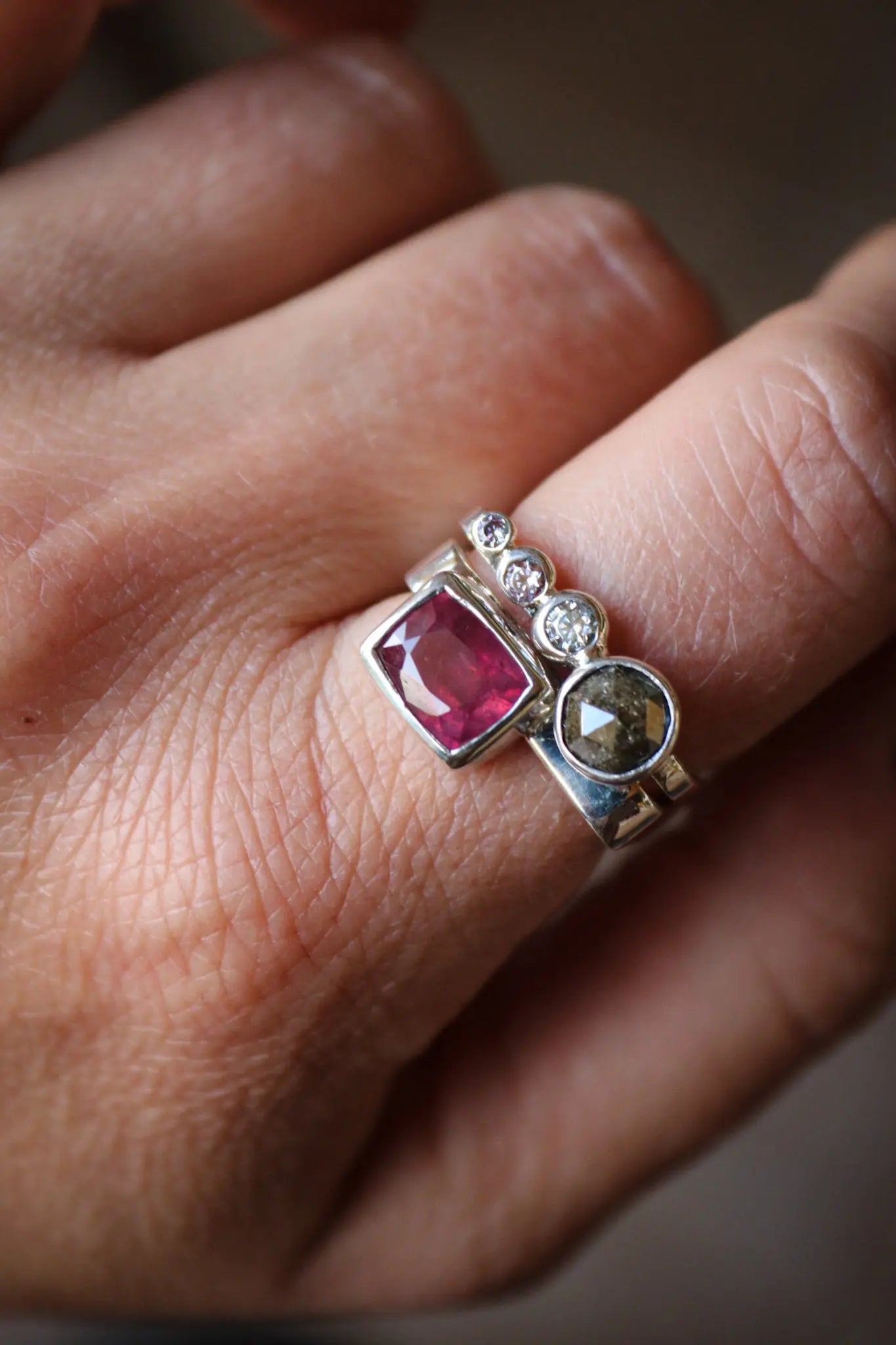 Silver Ring Set with Ruby Sapphire, Salt & Pepper Diamond, and Moissanites (size 8.5-9.0) ORI Jewelry ORI Jewelry