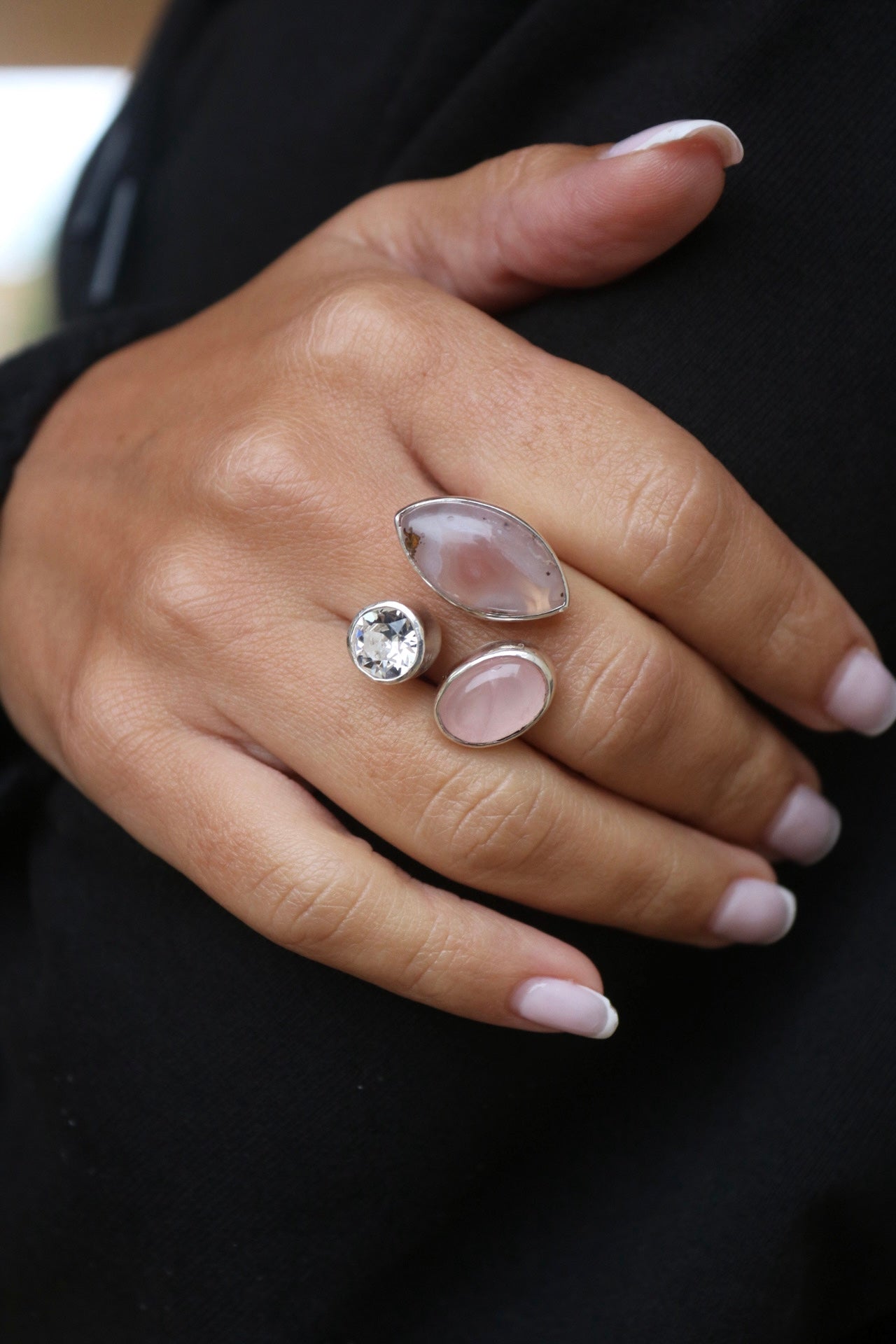 Agate, Quartz, and Swarovski Silver Ring (8.0-9.0)