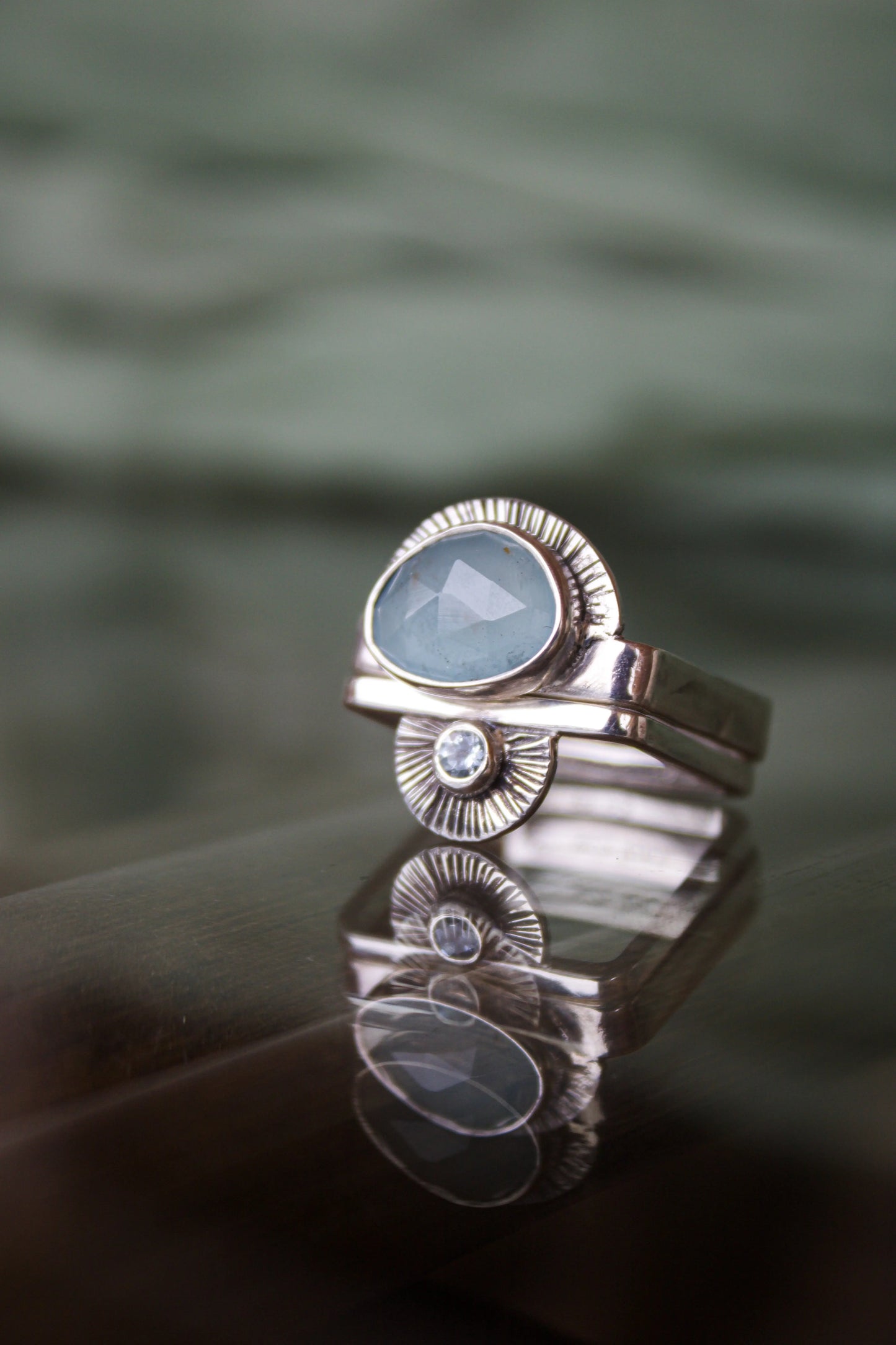Ethnic Square Ring set with Aquamarines (8.5-9.0) - ORI Jewelry