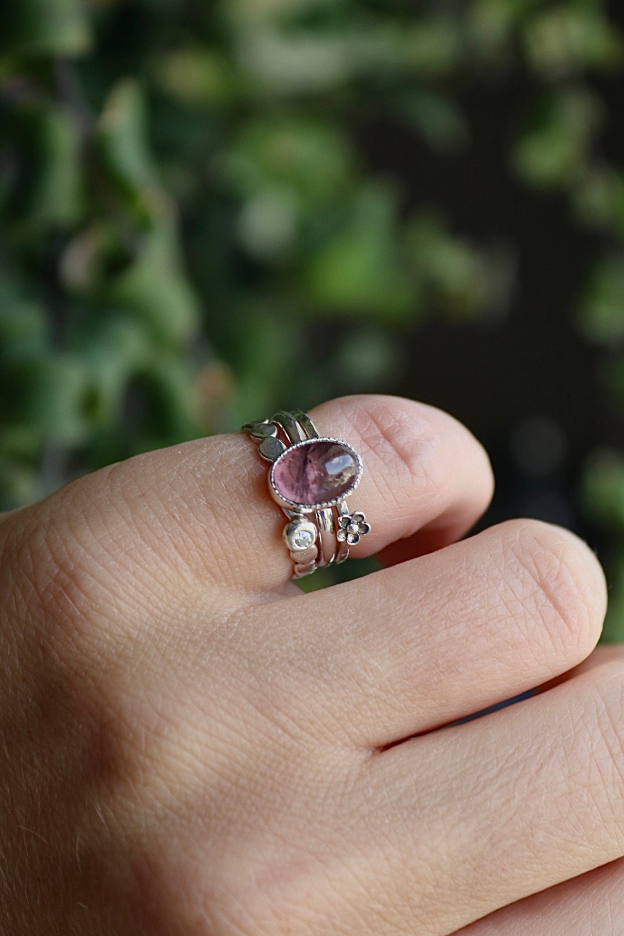 Tourmaline & Moissanite Silver Ring Set (5.0)