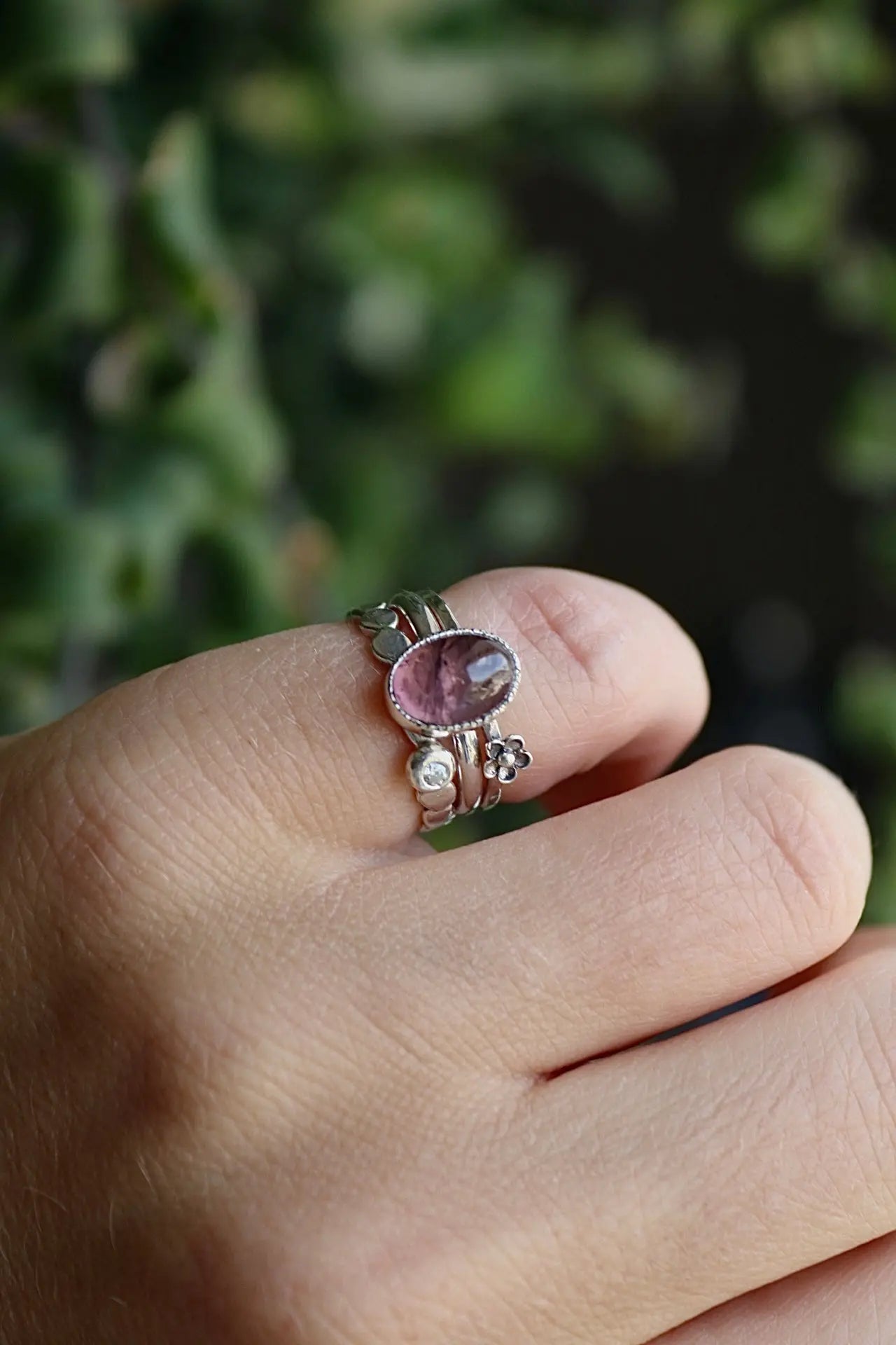 Tourmaline & Moissanite Silver Ring Set (5.0) ORI Jewelry ORI Jewelry