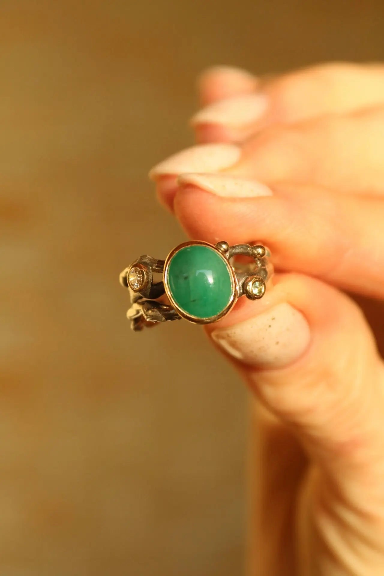 Emerald & Sapphire Silver Gold Ring (8.0) ORI ORI Jewelry