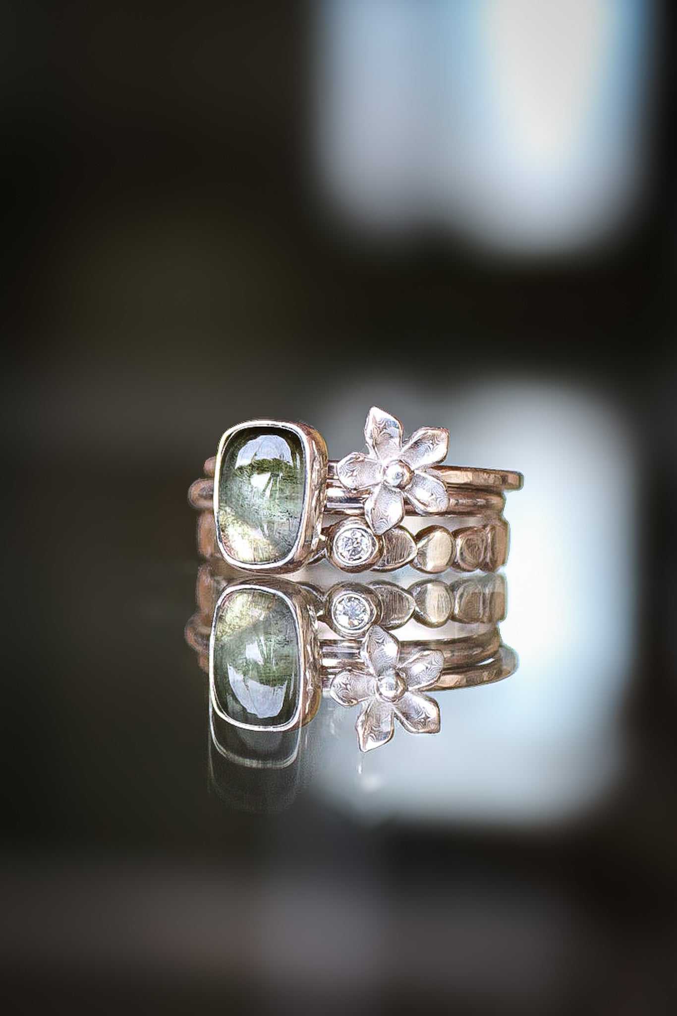 Tourmaline & Moissanite Silver Ring Set (8.0)