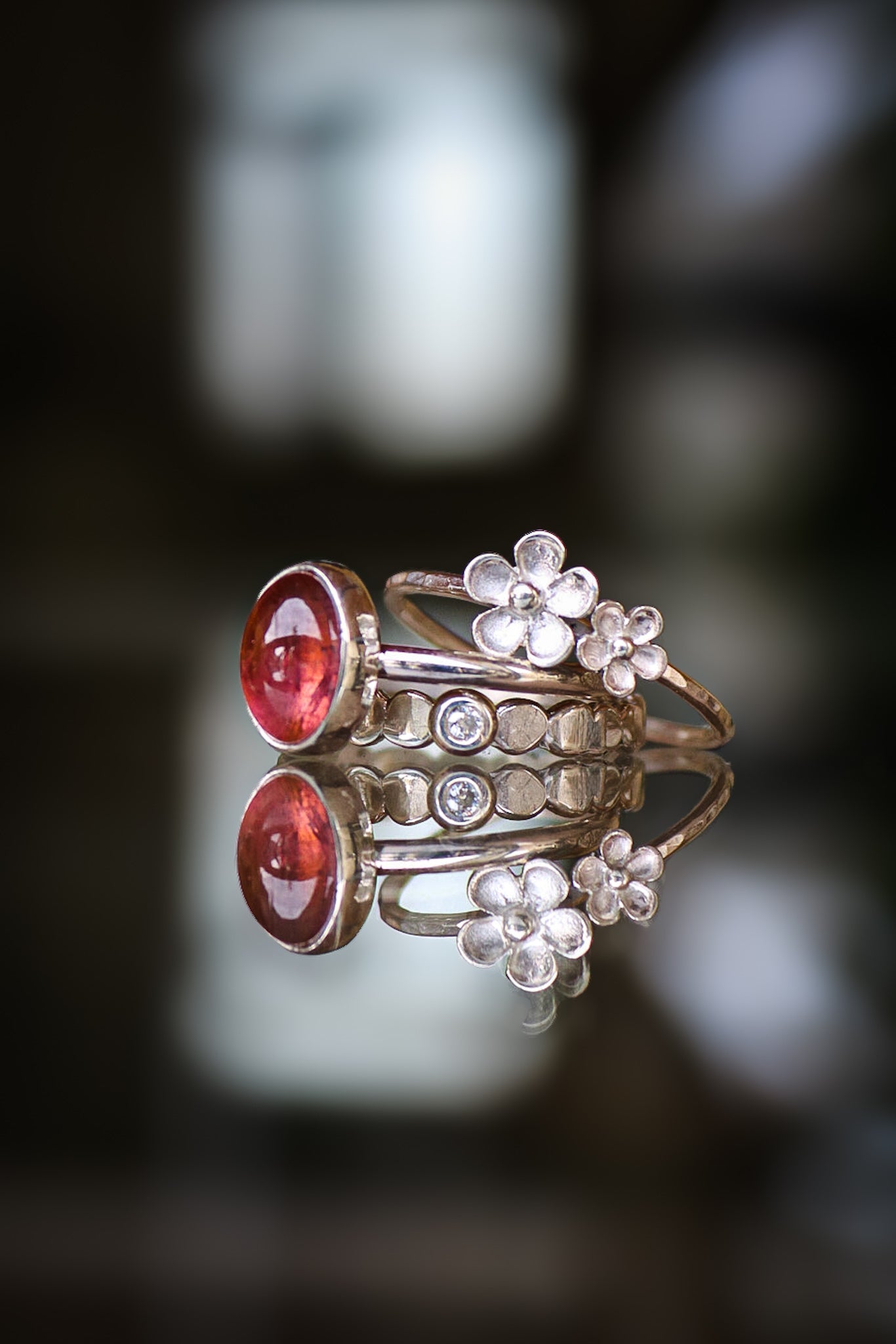 Tourmaline & Moissanite Silver Ring Set (9.0)