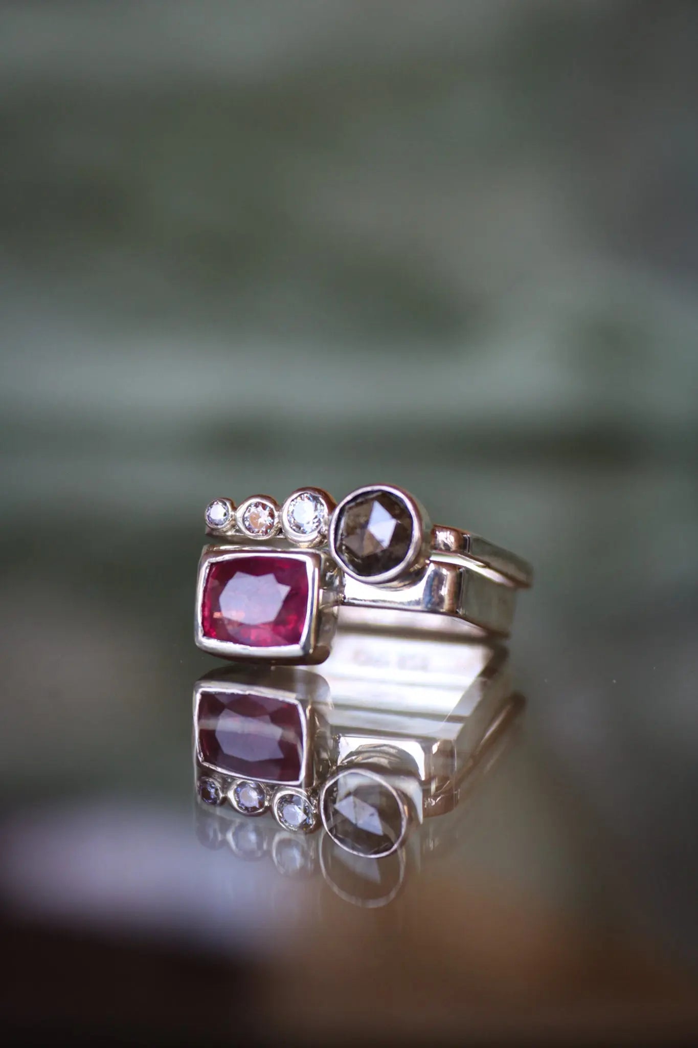 Silver Ring Set with Ruby Sapphire, Salt & Pepper Diamond, and Moissanites (size 8.5-9.0) ORI Jewelry ORI Jewelry