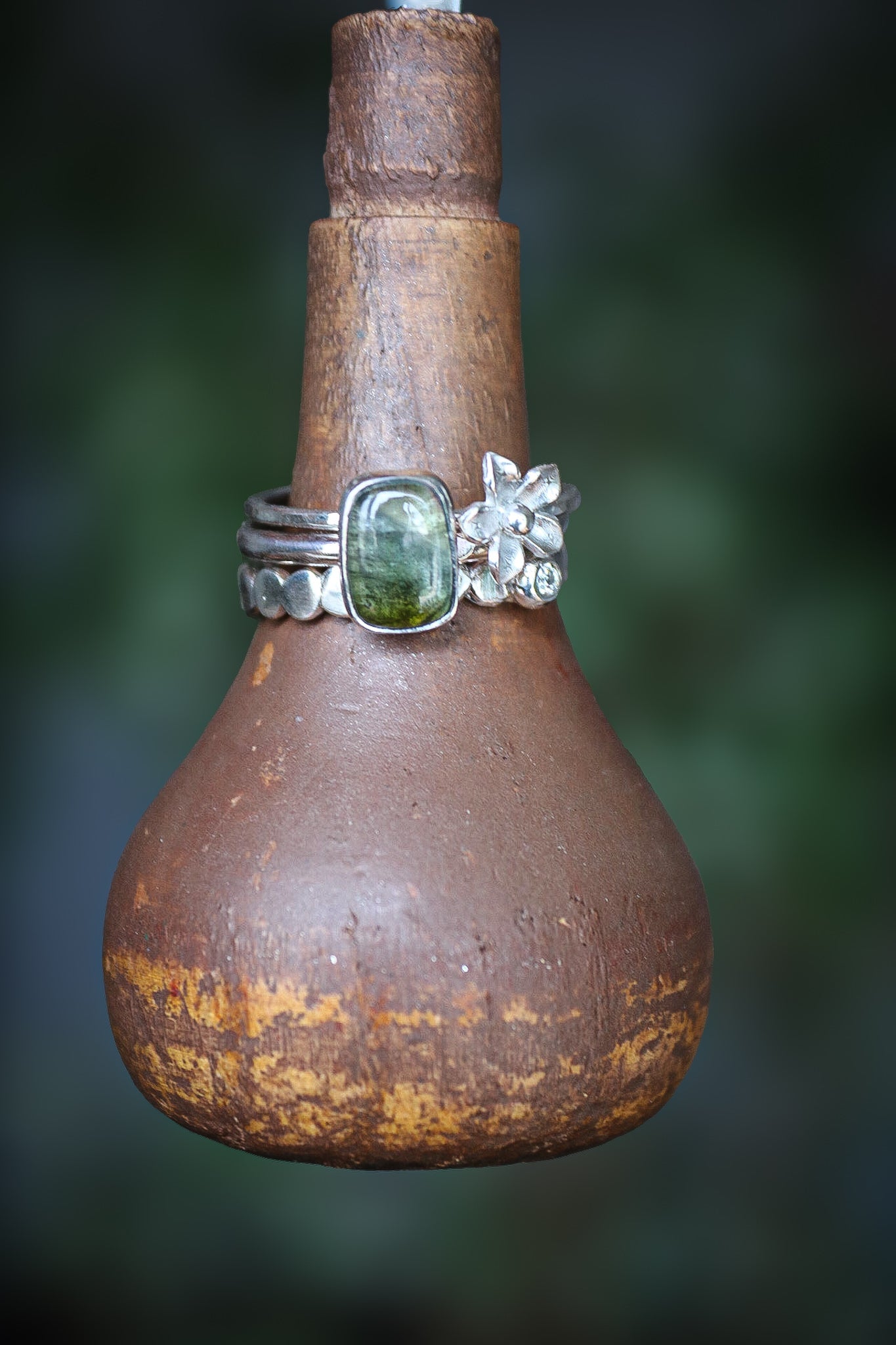 Tourmaline & Moissanite Silver Ring Set (8.0)