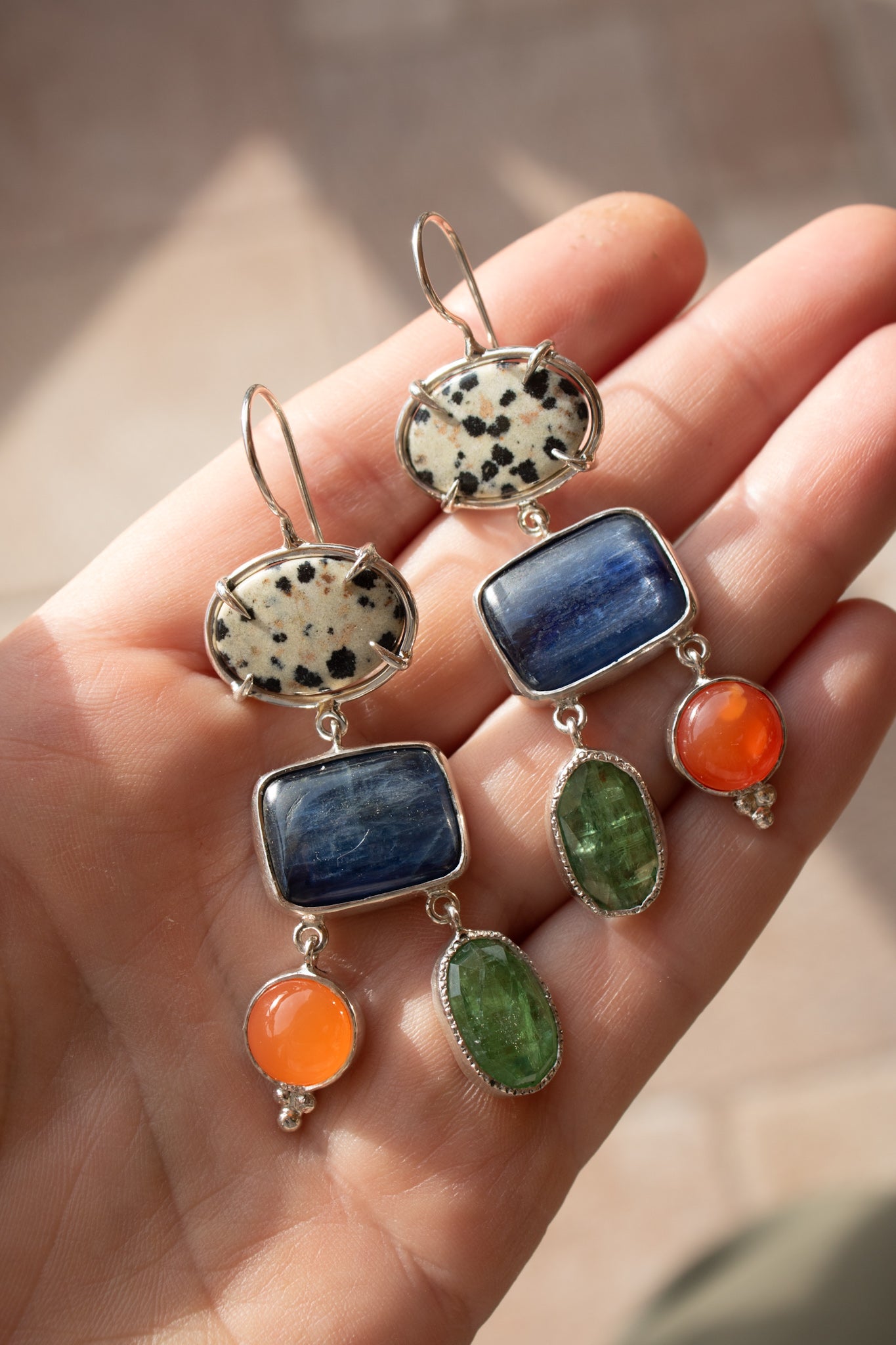 Earrings with Carnelian, Kyanite & Dalmatian Jasper