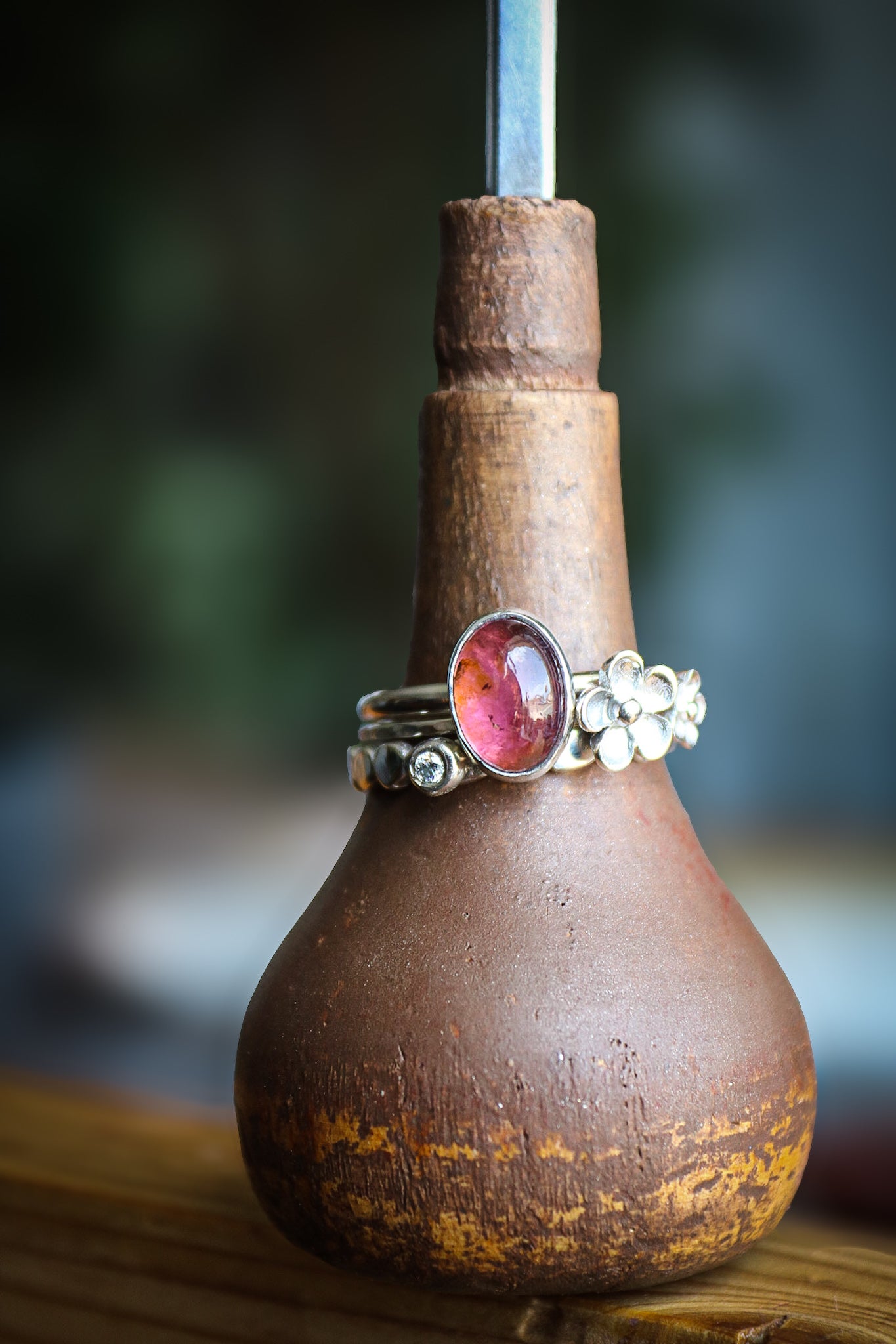 Tourmaline & Moissanite Silver Ring Set (9.0)