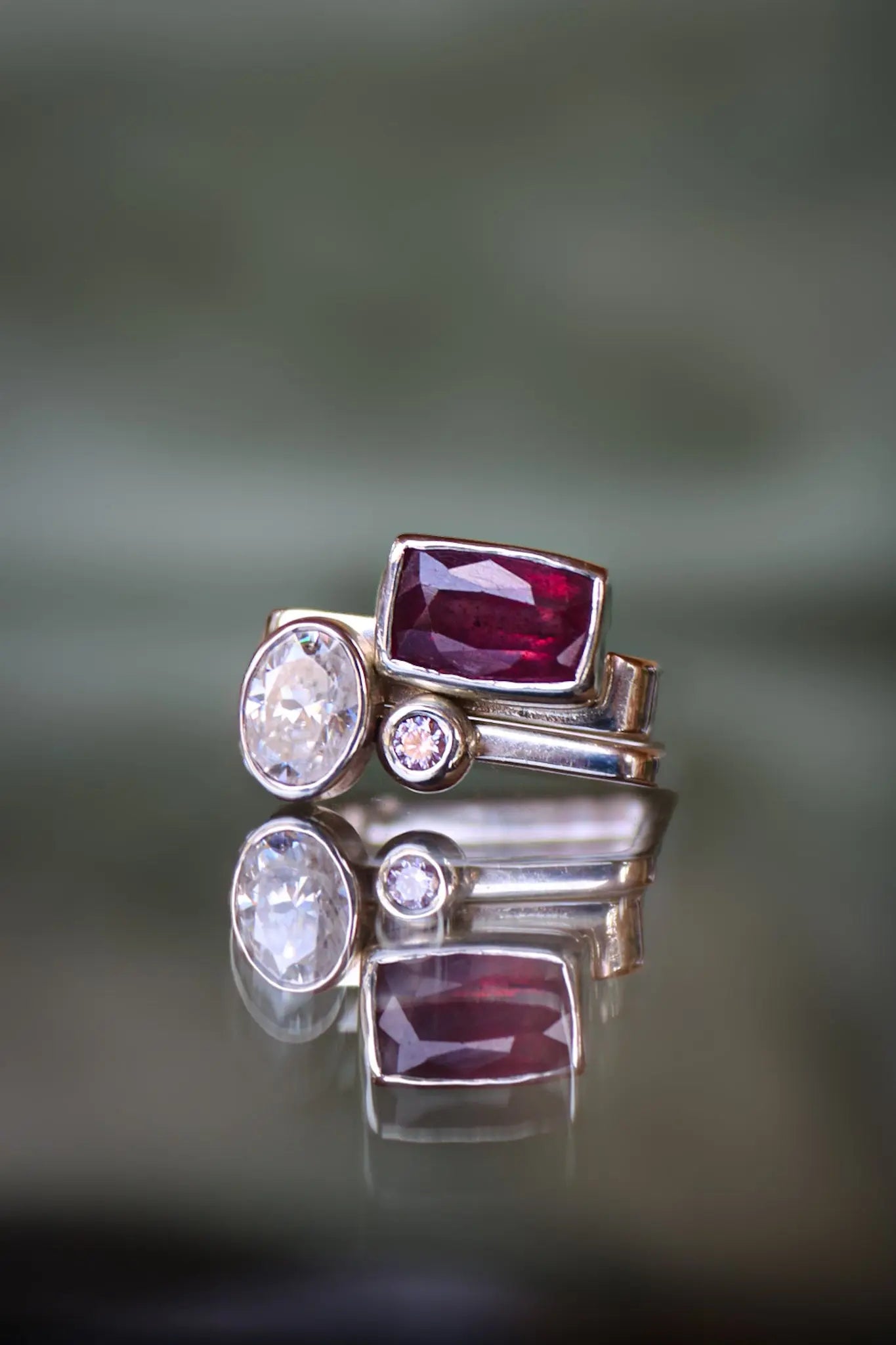 Square Silver Ring Set with Pink Sapphire & Moissanites (6.0-6.5) ORI Jewelry ORI Jewelry