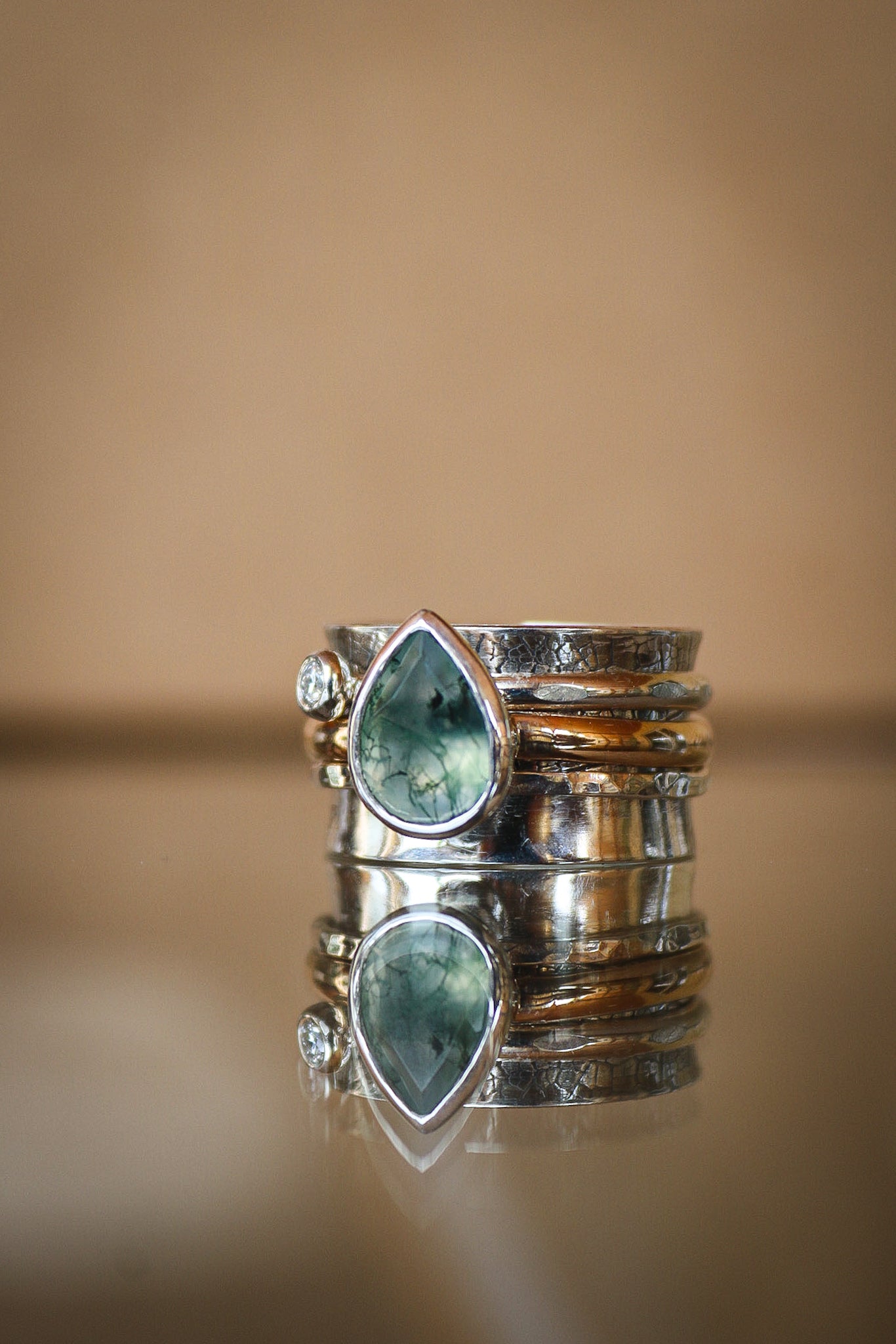Spinner Ring with Moss Agate & Moissanite