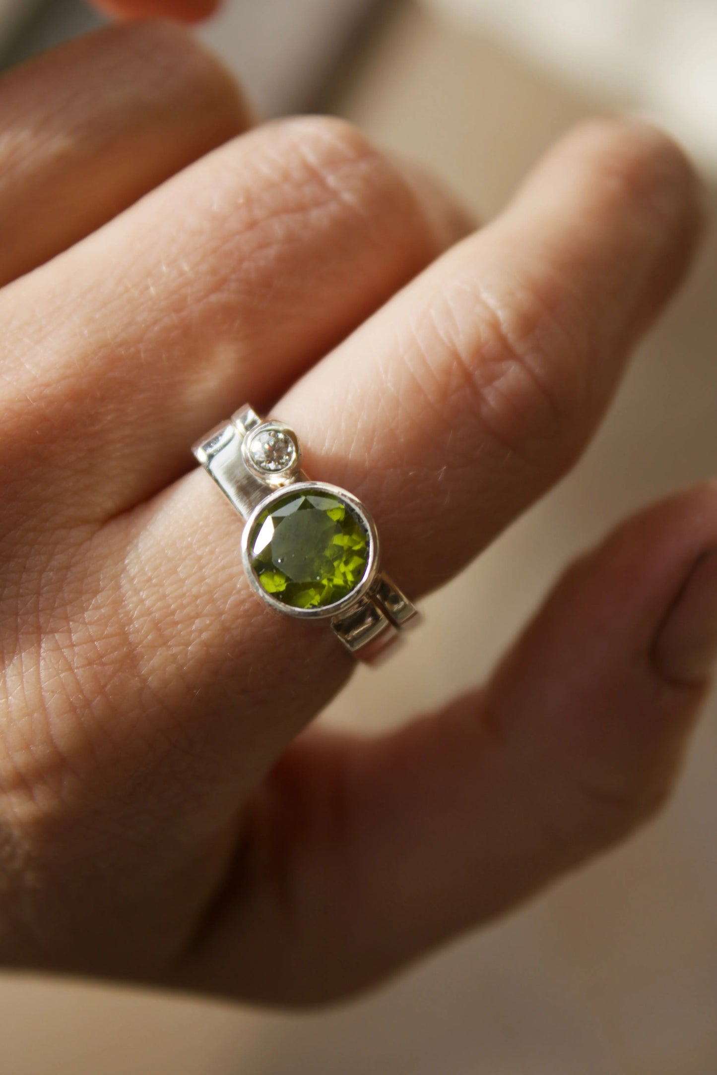 Peridot square ring set with Moissanite 3 mm - ORI Jewelry