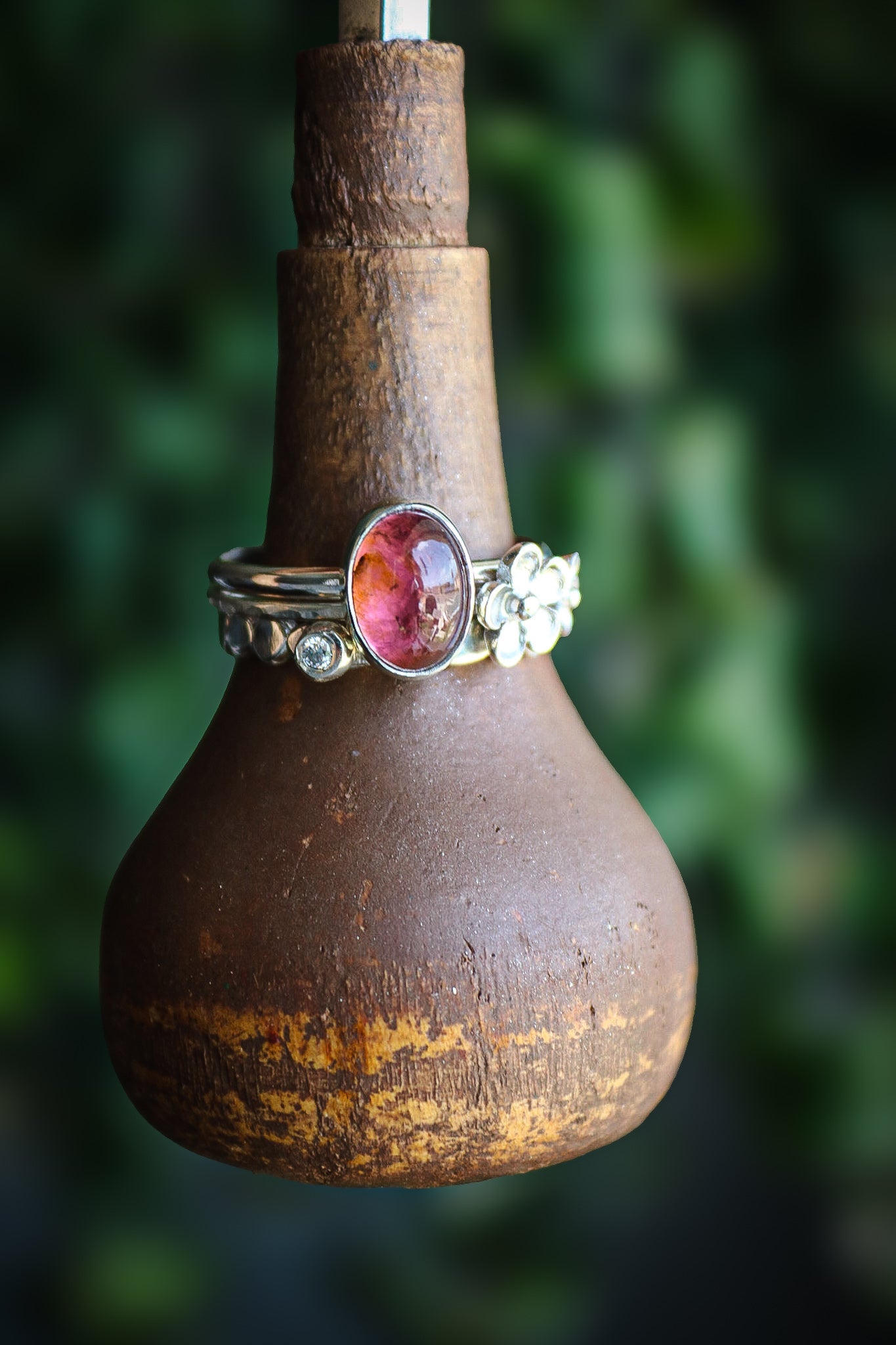Tourmaline & Moissanite Silver Ring Set (9.0)