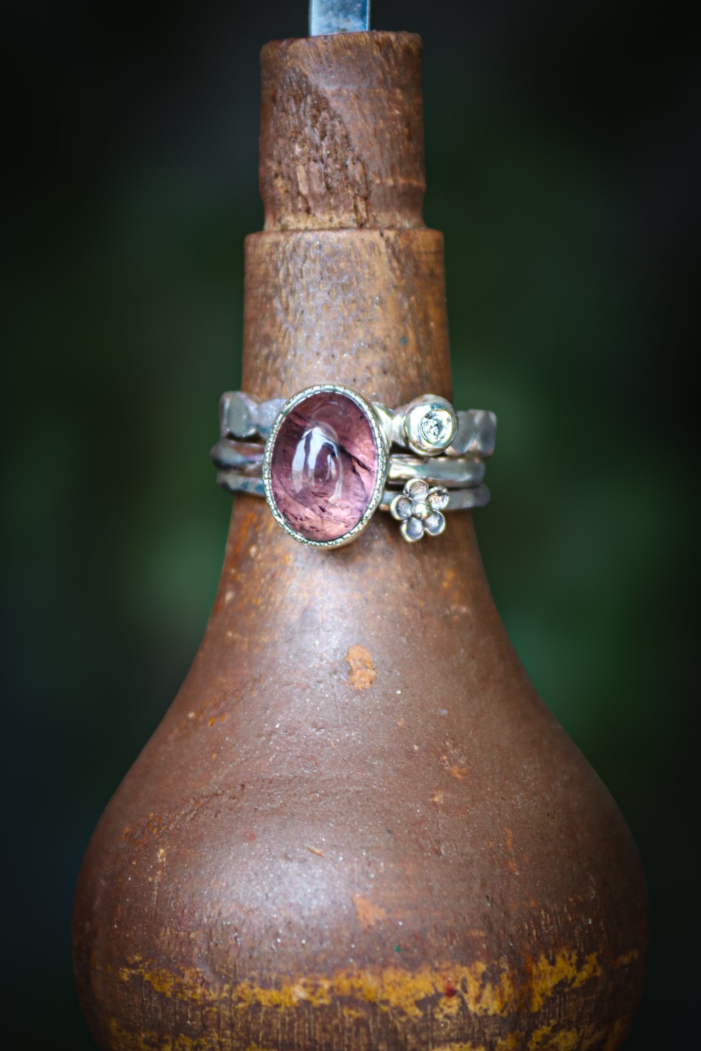Tourmaline & Moissanite Silver Ring Set (5.0)