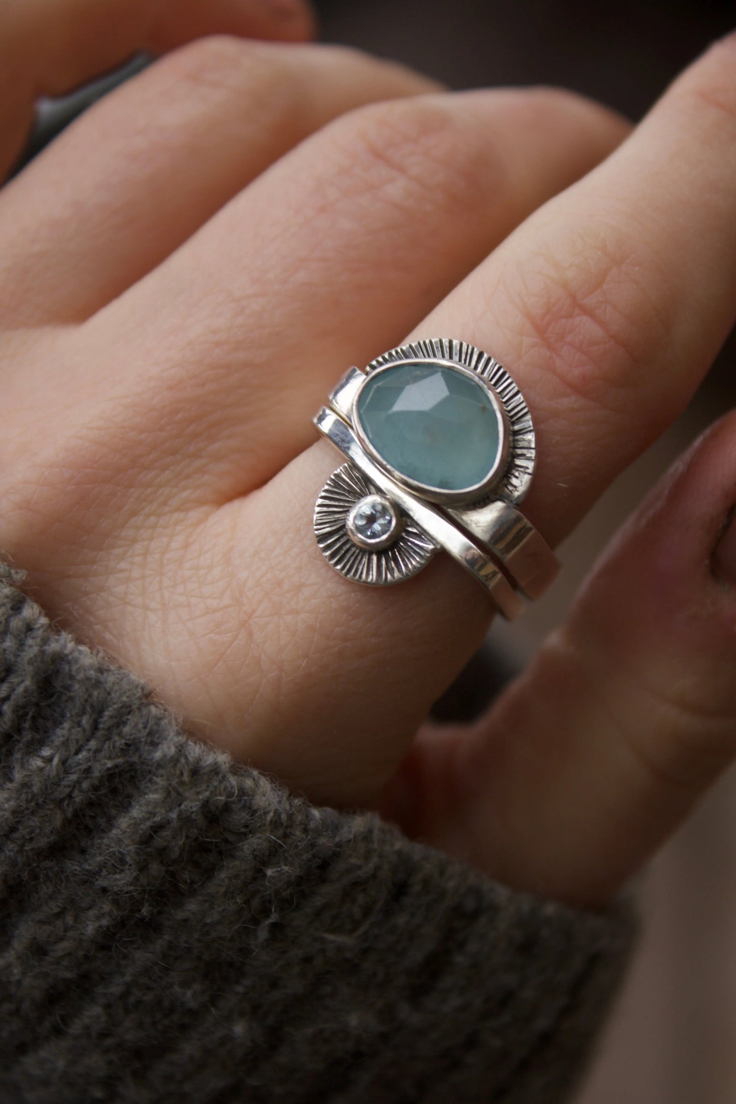 Ethnic Square Ring set with Aquamarines (8.5-9.0) - ORI Jewelry