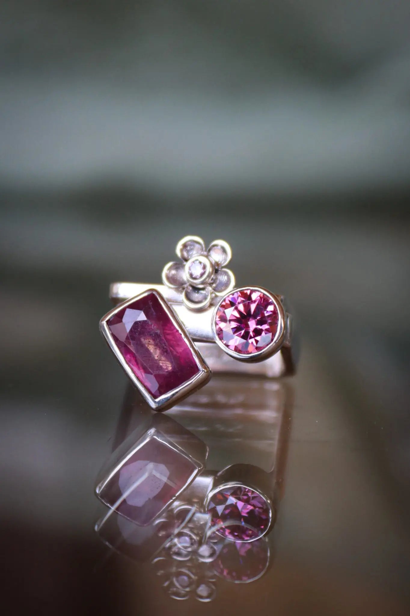 Square Ring Set with Sapphire and Moissanites (size 6.0-6.5) ORI Jewelry ORI Jewelry