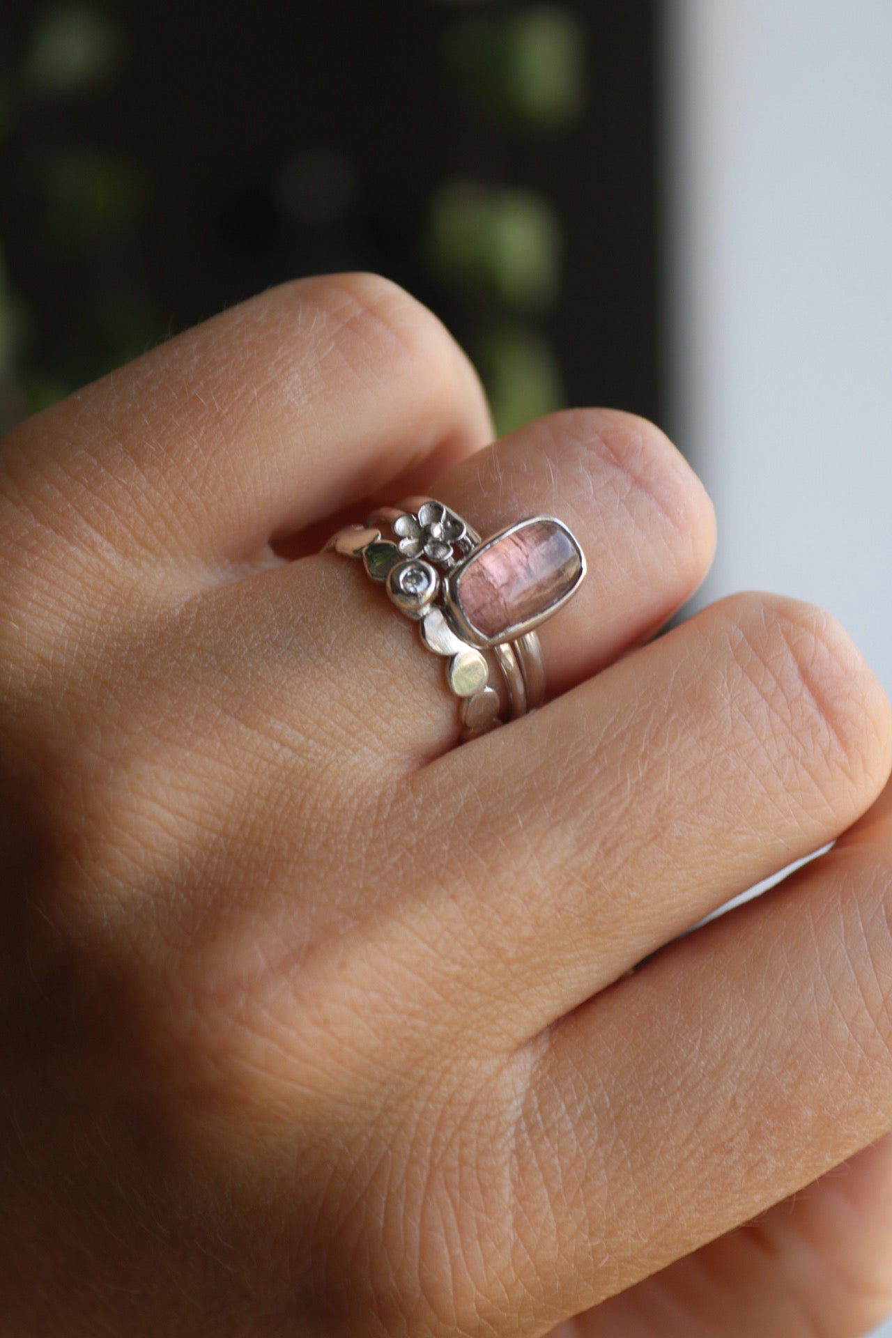 Tourmaline & Moissanite Silver Ring Set (6.0)