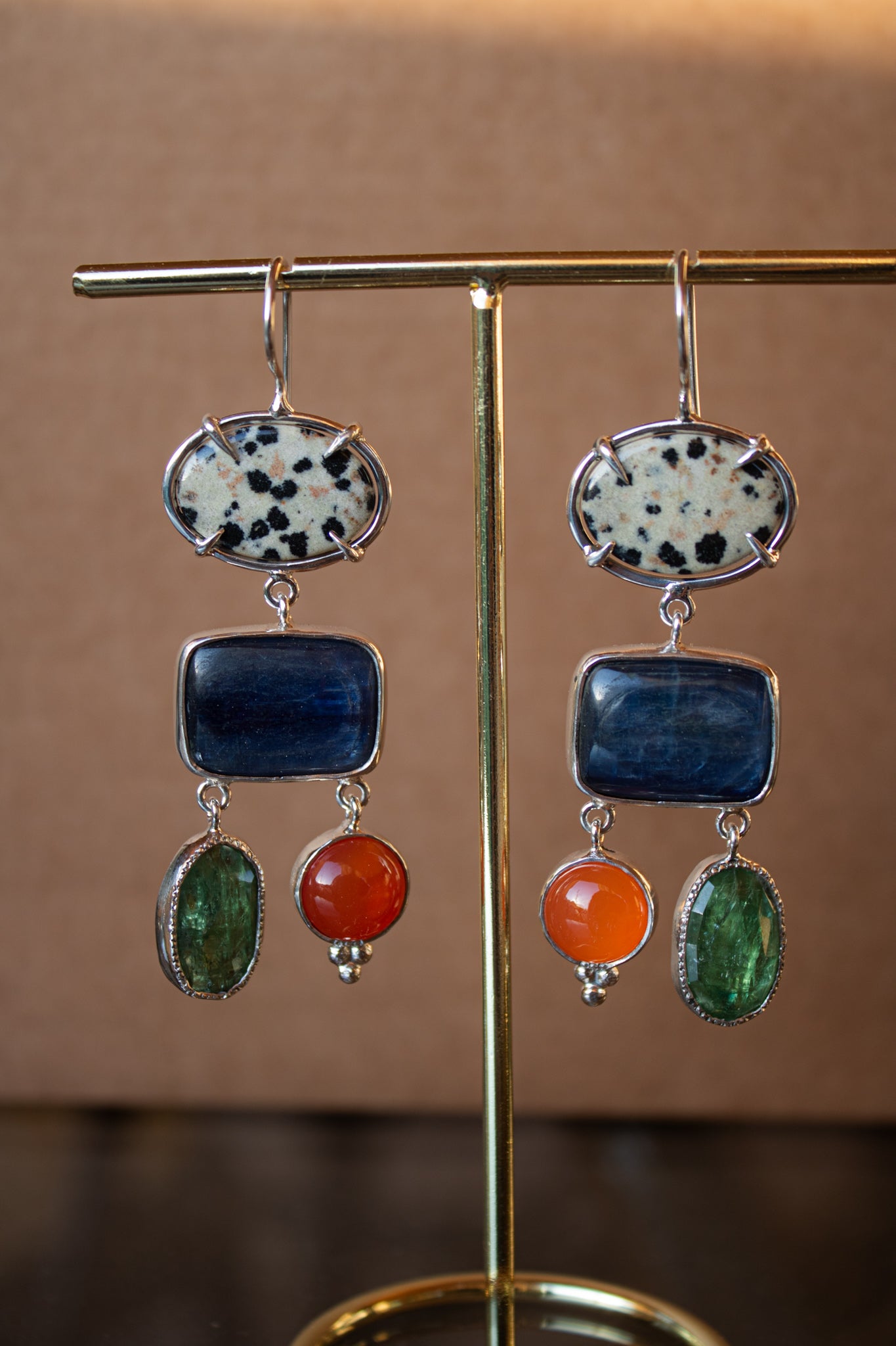 Earrings with Carnelian, Kyanite & Dalmatian Jasper