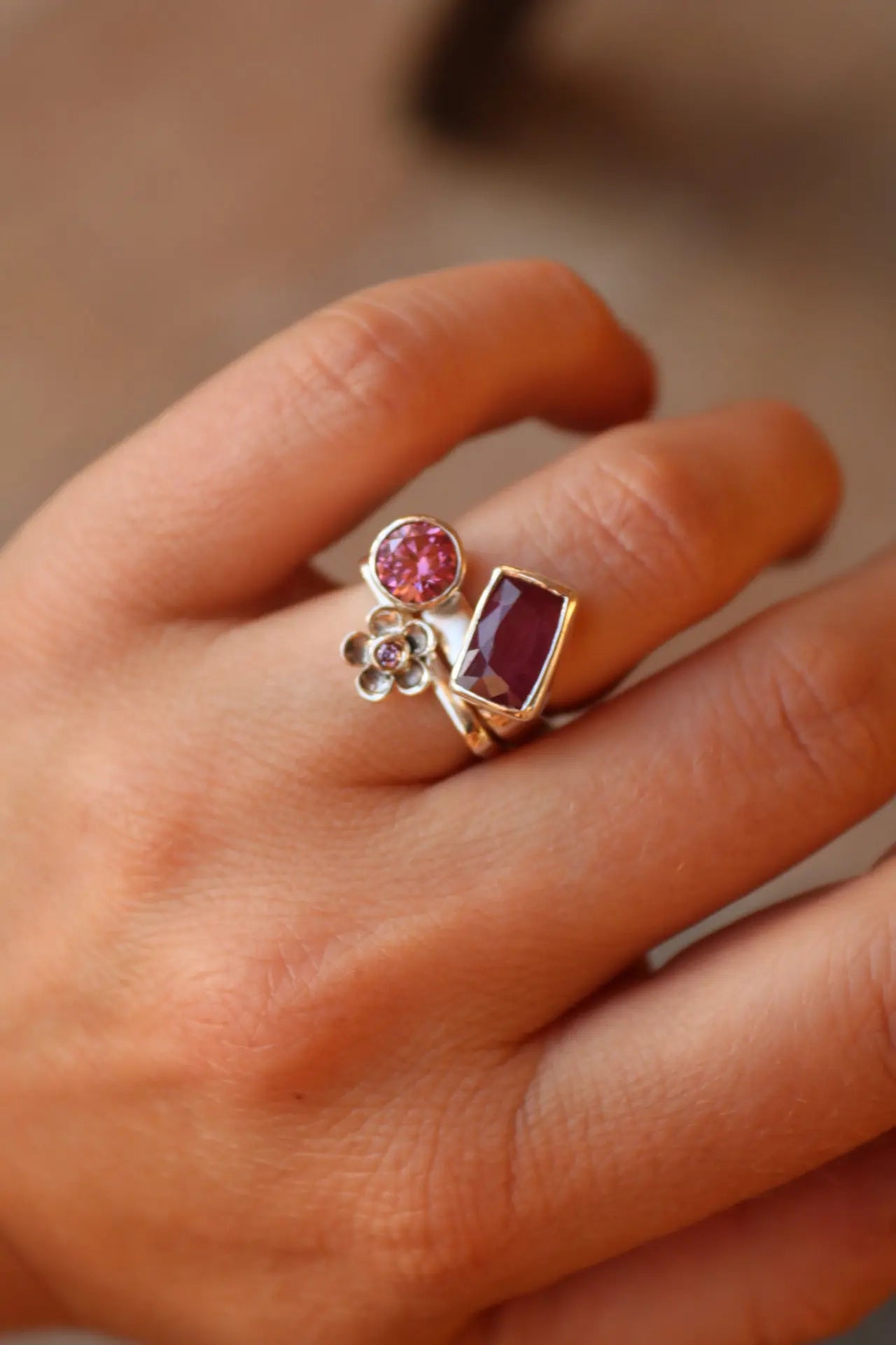 Square Ring Set with Sapphire and Moissanites (size 6.0-6.5) ORI Jewelry ORI Jewelry