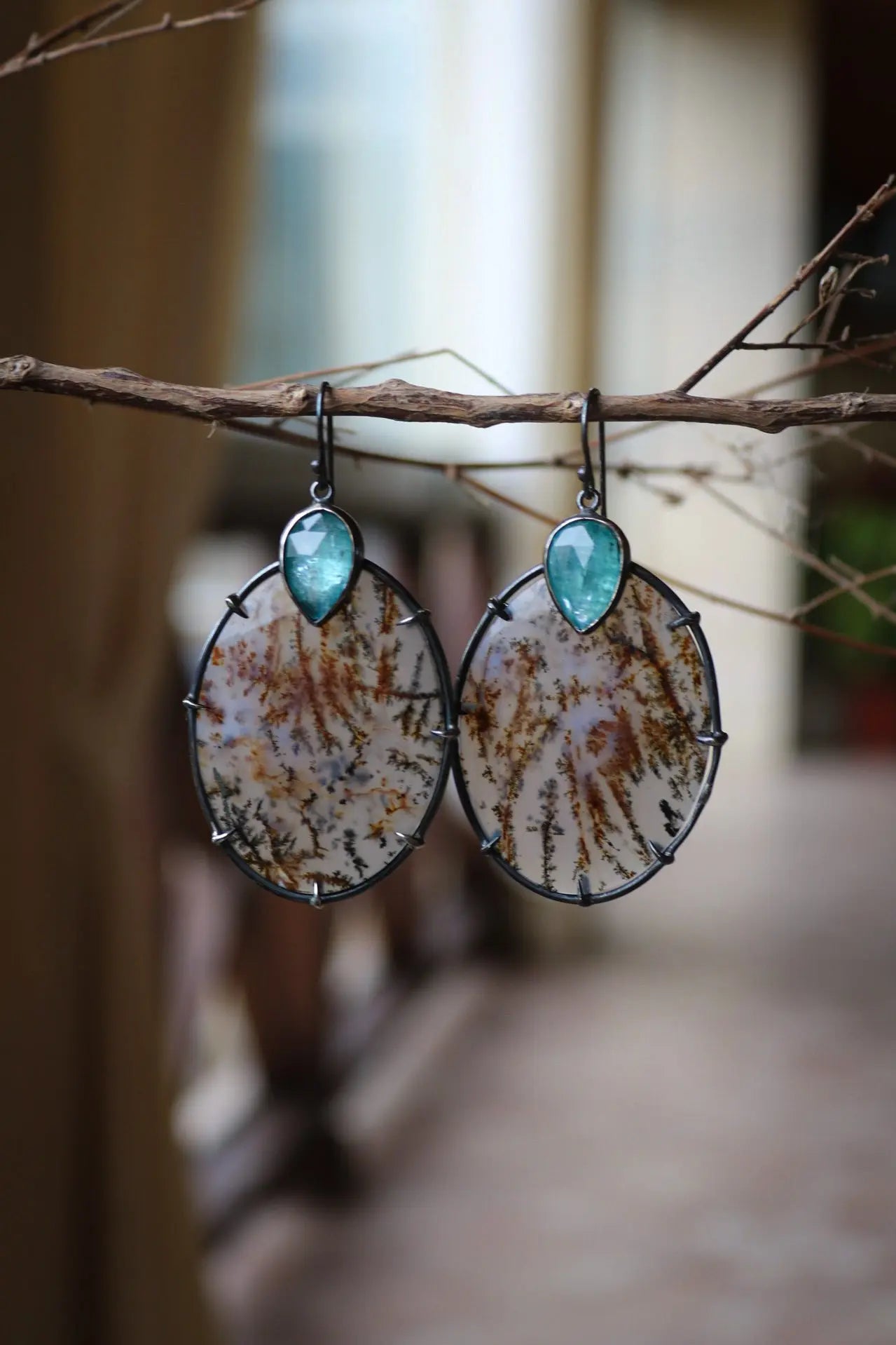 Silver Earrings with Dendritic Agate & Kyanite ORI Jewelry ORI Jewelry