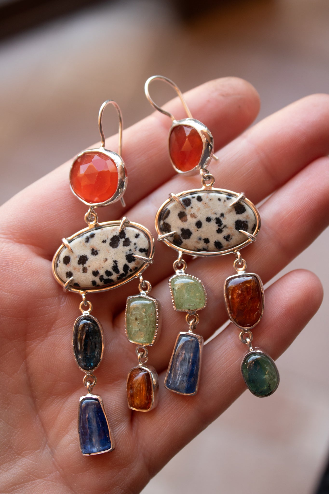 Earrings with Carnelian, Kyanite & Dalmatian Jasper