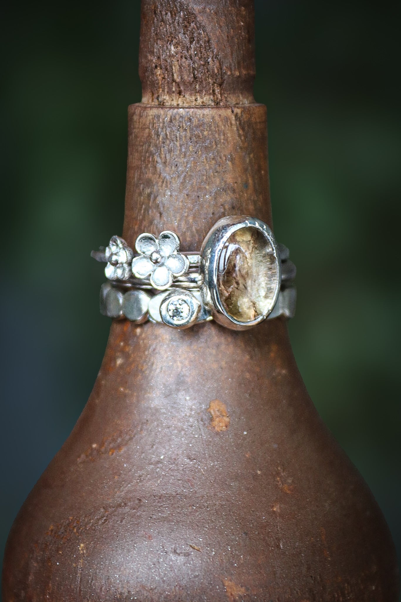 Tourmaline & Moissanite Silver Ring Set (5.5)