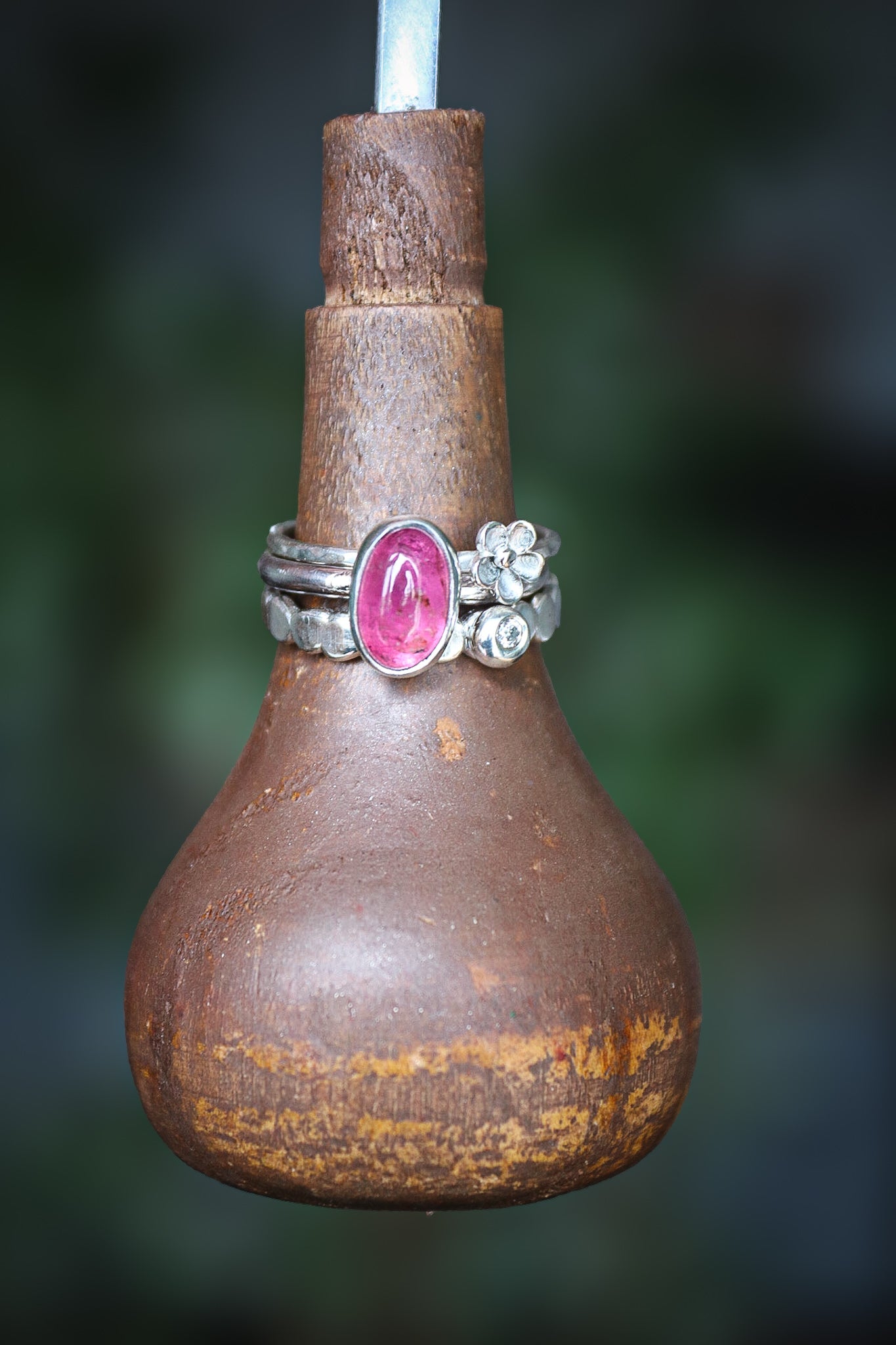 Tourmaline & Moissanite Silver Ring Set (6.5)