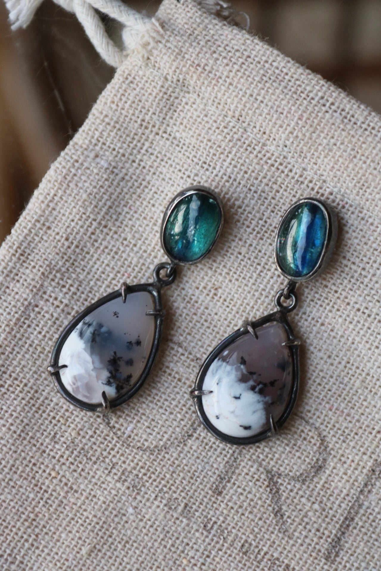 Silver Earrings with Dendritic Opal and Kyanite