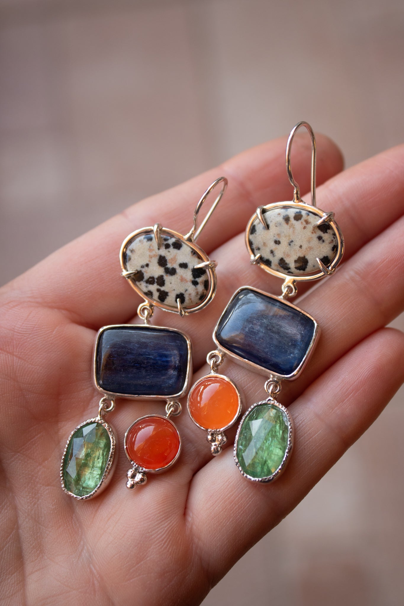 Earrings with Carnelian, Kyanite & Dalmatian Jasper