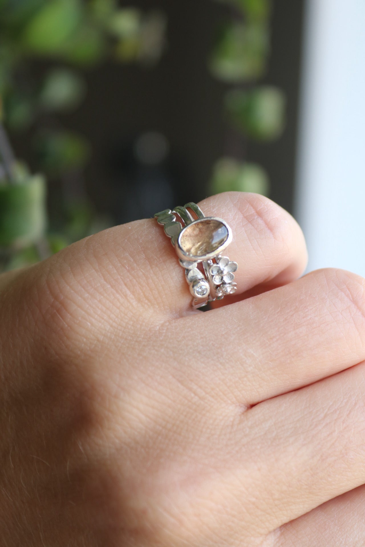 Tourmaline & Moissanite Silver Ring Set (5.5)
