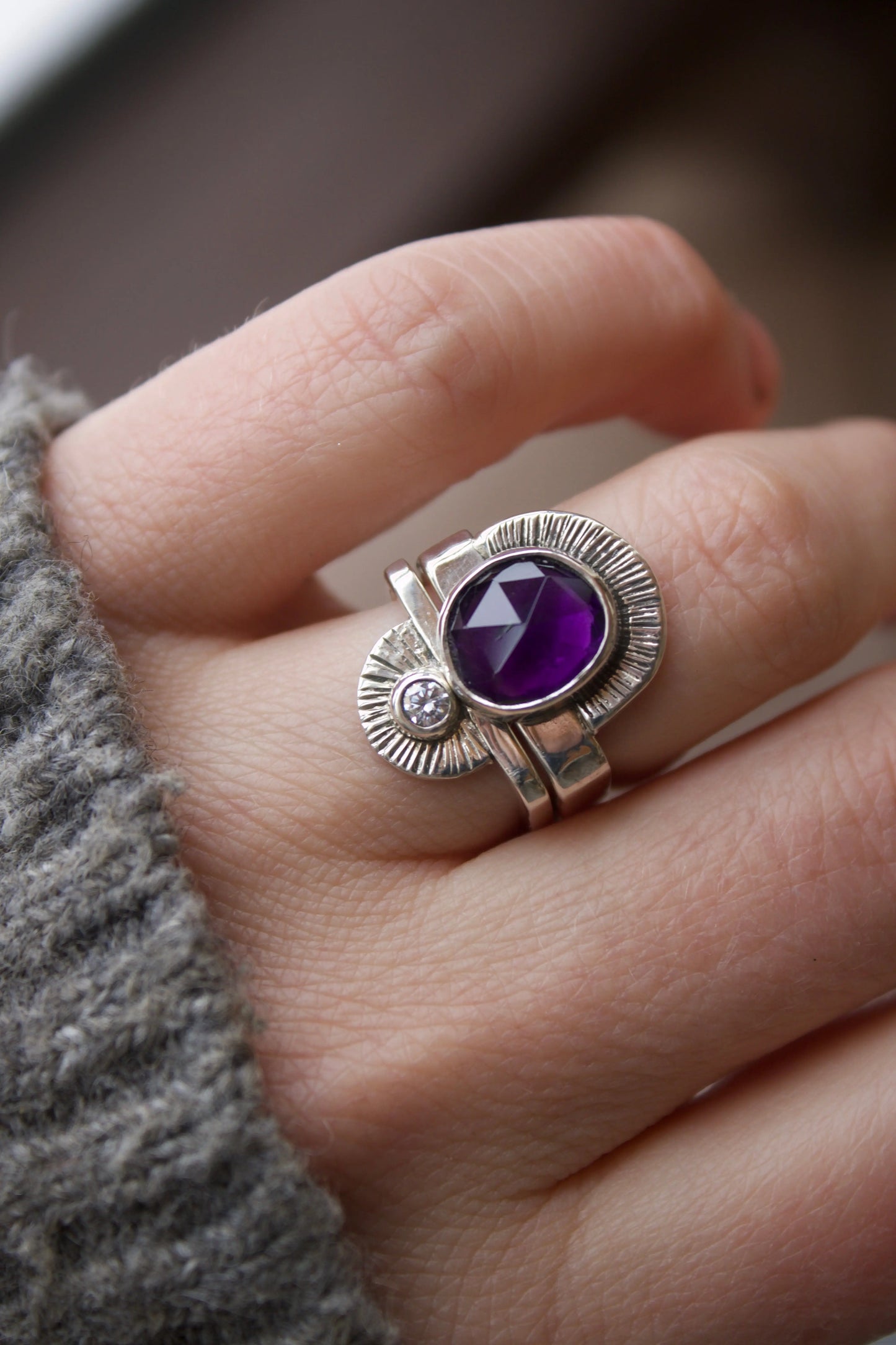 Ethnic Square Ring Set with Amethyst & Moissanite (6.5-7) - ORI Jewelry