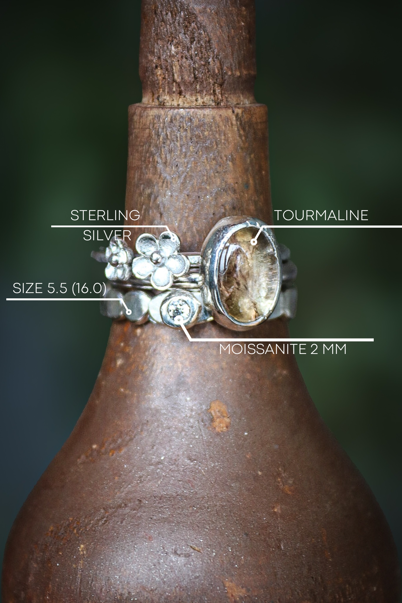 Tourmaline & Moissanite Silver Ring Set (5.5)