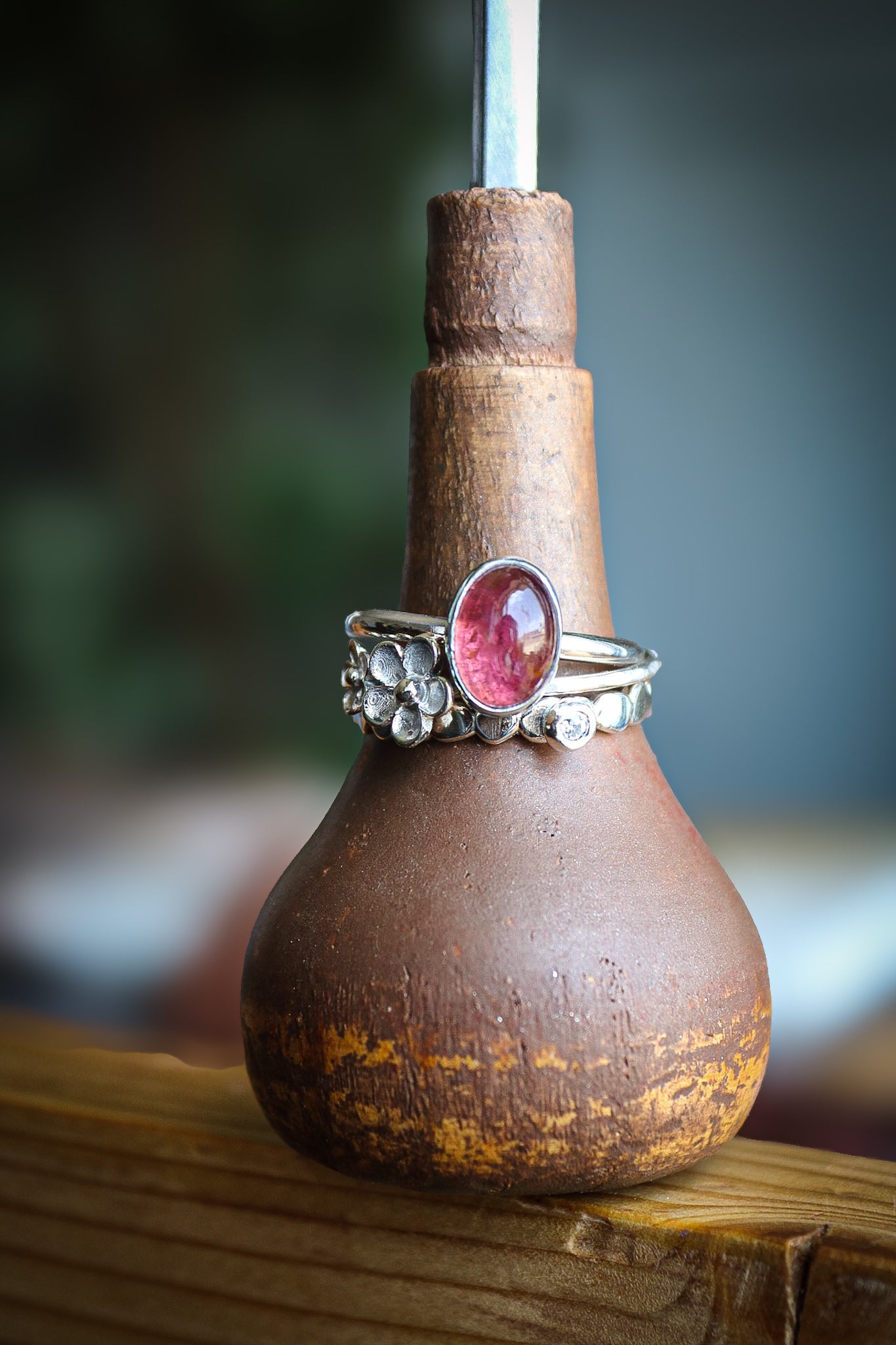 Tourmaline & Moissanite Silver Ring Set (9.0)
