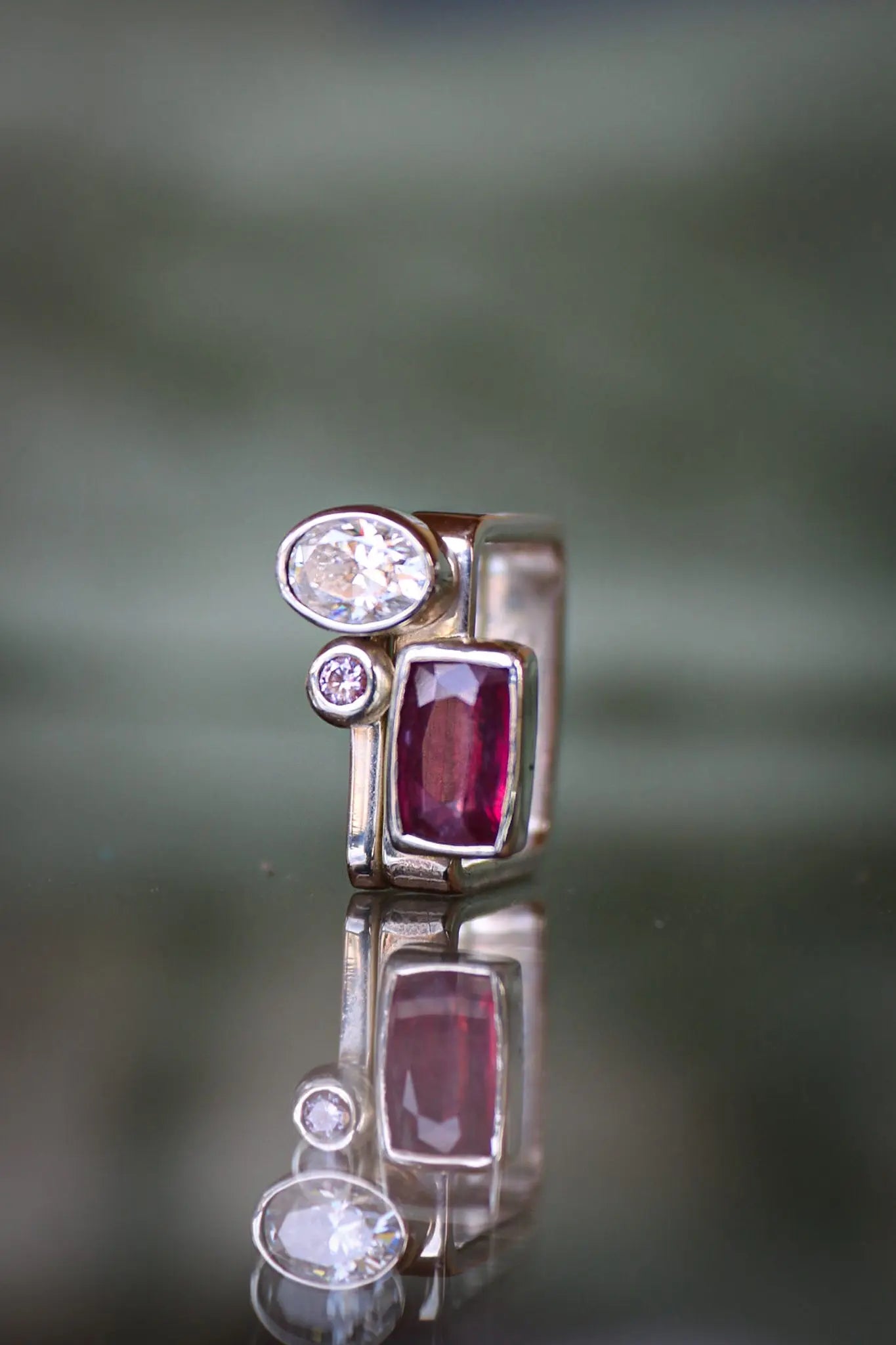 Square Silver Ring Set with Pink Sapphire & Moissanites (6.0-6.5) ORI Jewelry ORI Jewelry