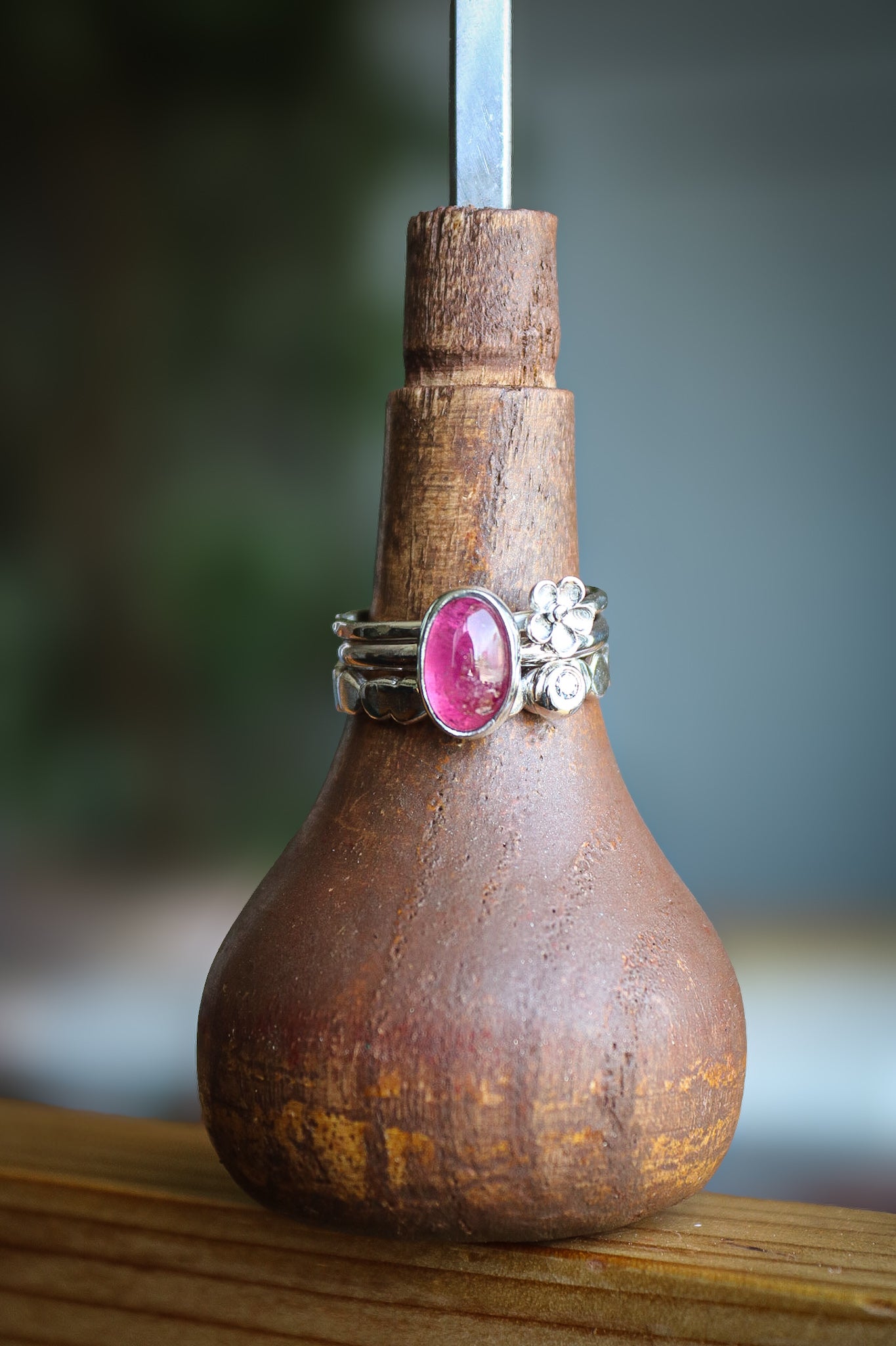 Tourmaline & Moissanite Silver Ring Set (6.5)