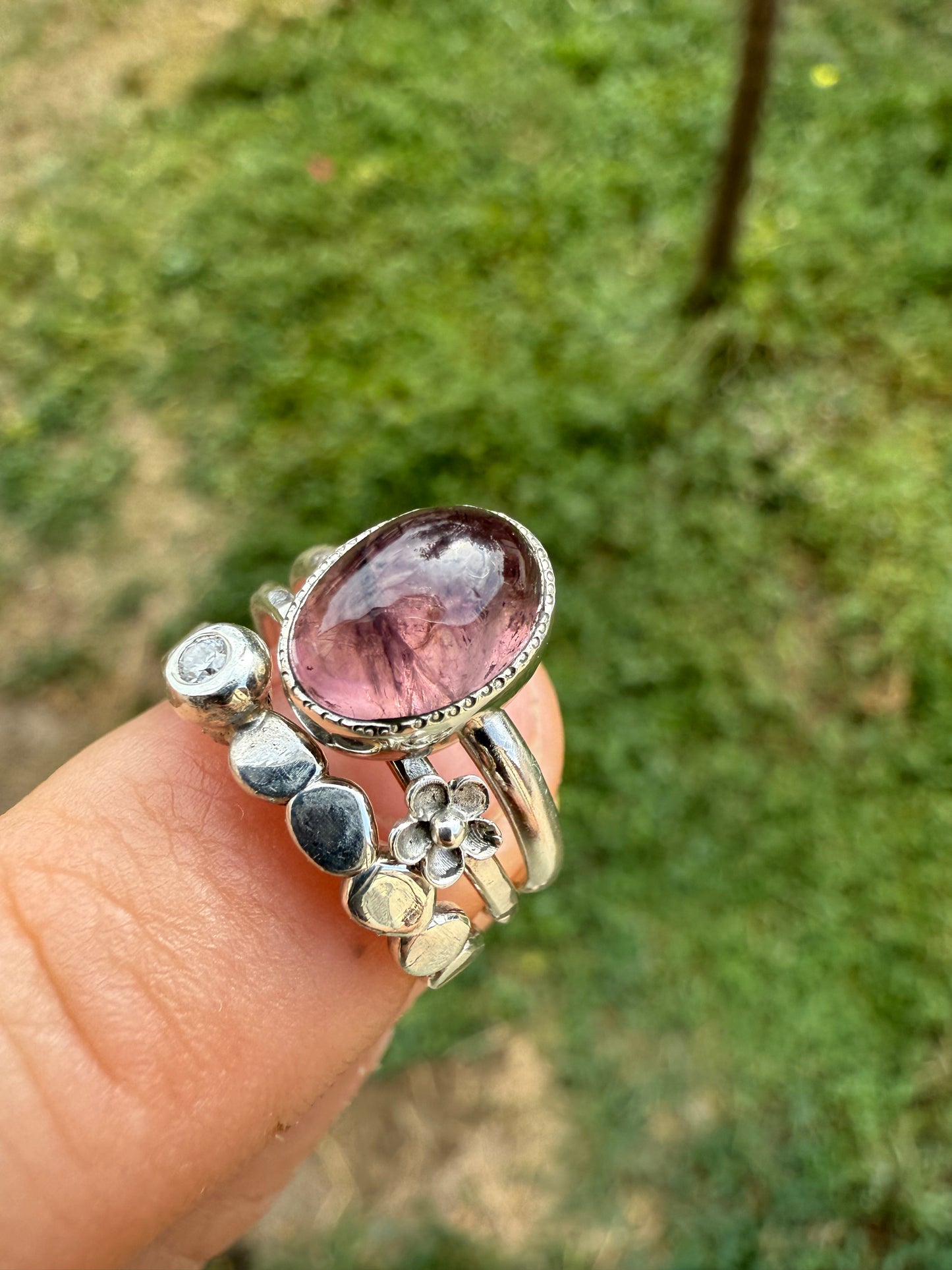 Tourmaline & Moissanite Silver Ring Set (5.0)