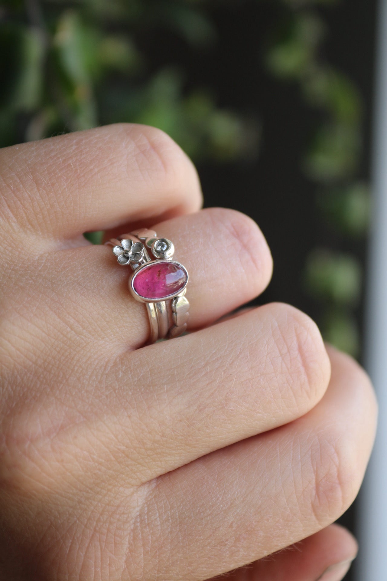 Tourmaline & Moissanite Silver Ring Set (6.5)
