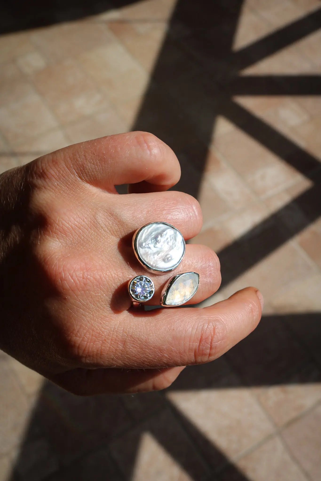 Silver ring with Pearl, Moonstone & Moissanite 8.5 mm (size 7-8.5) ORI Jewelry ORI Jewelry