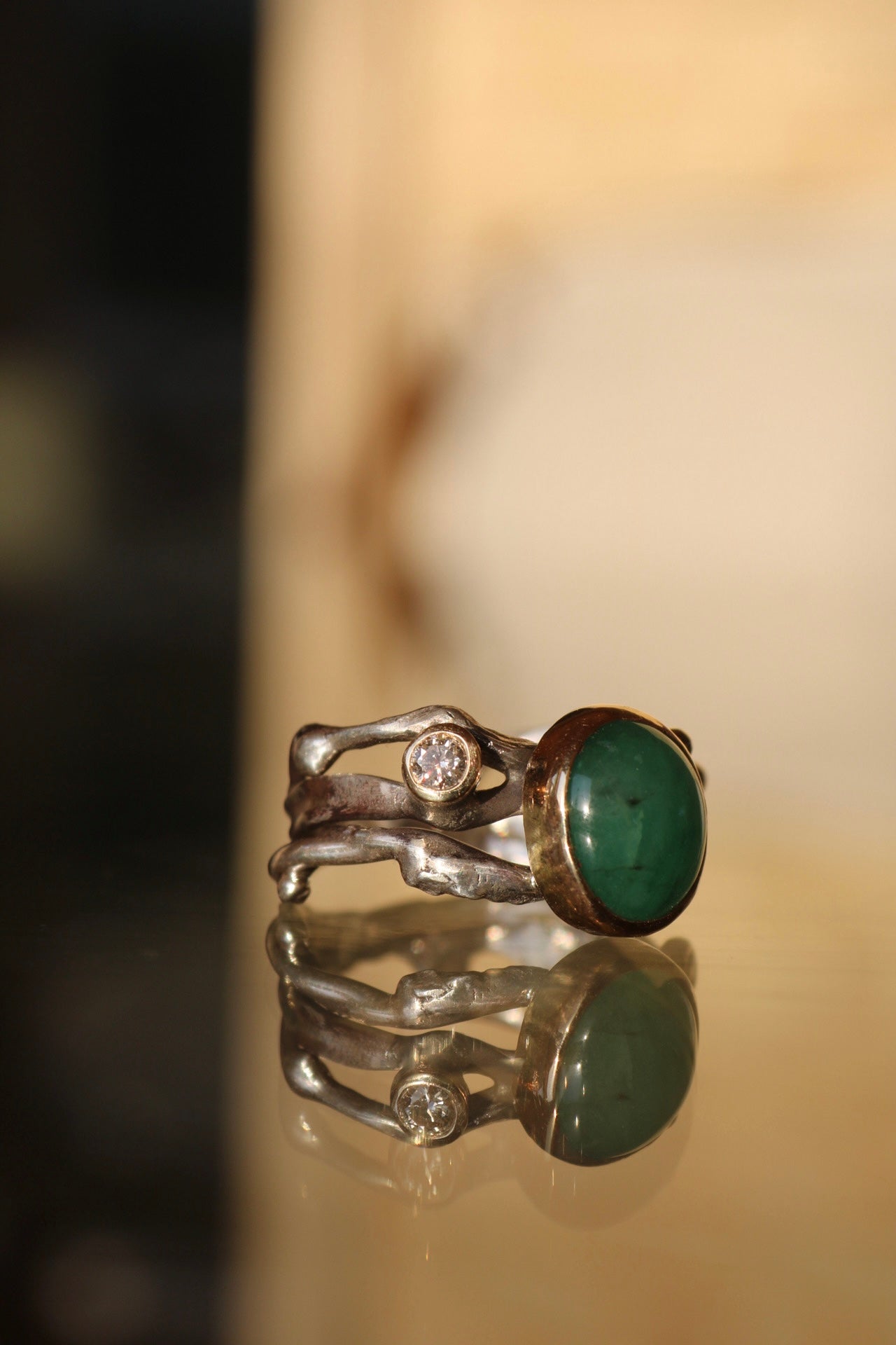 Emerald & Sapphire Silver Gold Ring (8.0)