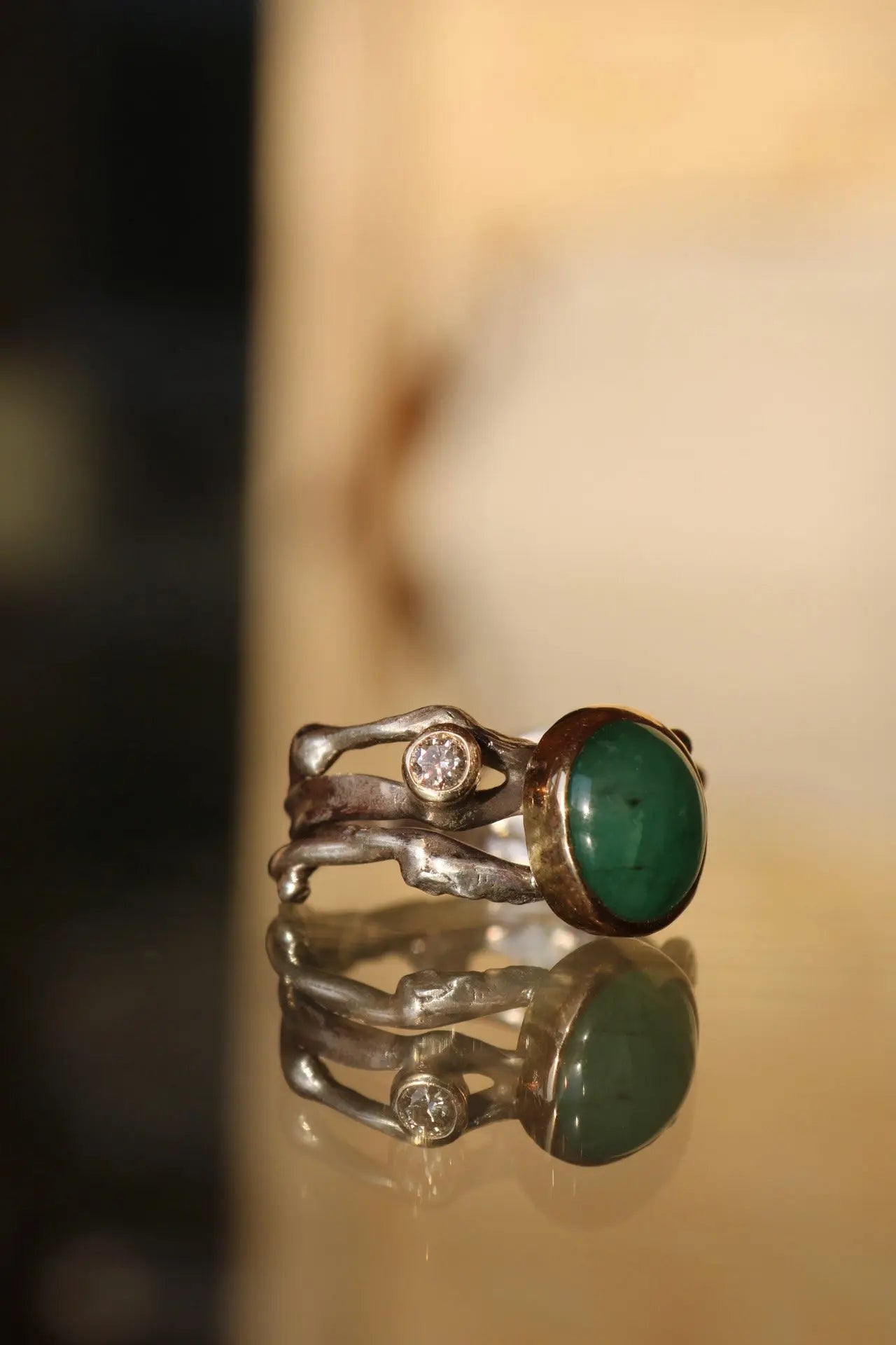 Emerald & Sapphire Silver Gold Ring (8.0) ORI ORI Jewelry