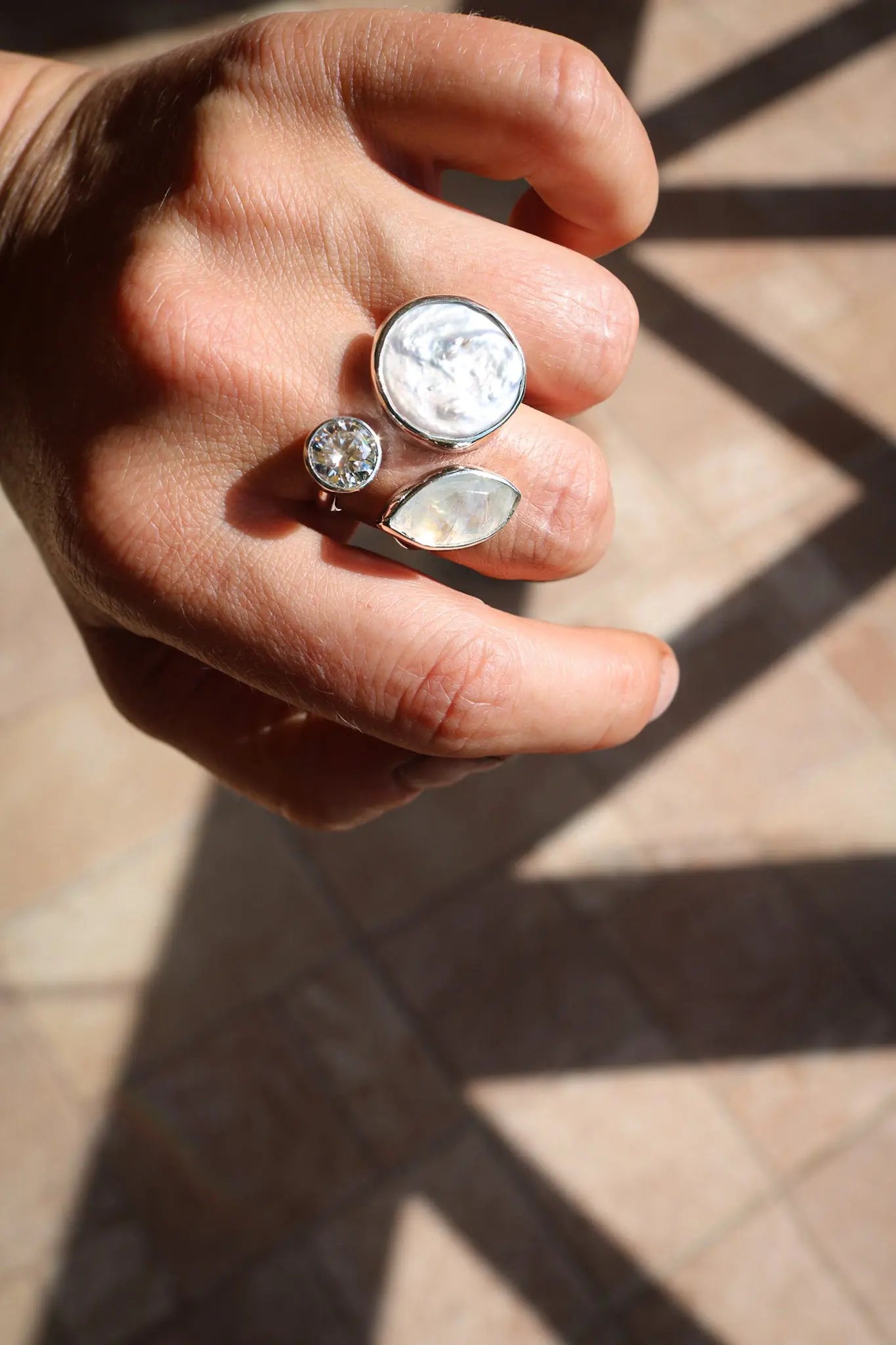 Silver ring with Pearl, Moonstone & Moissanite 8.5 mm (size 7-8.5) ORI Jewelry ORI Jewelry