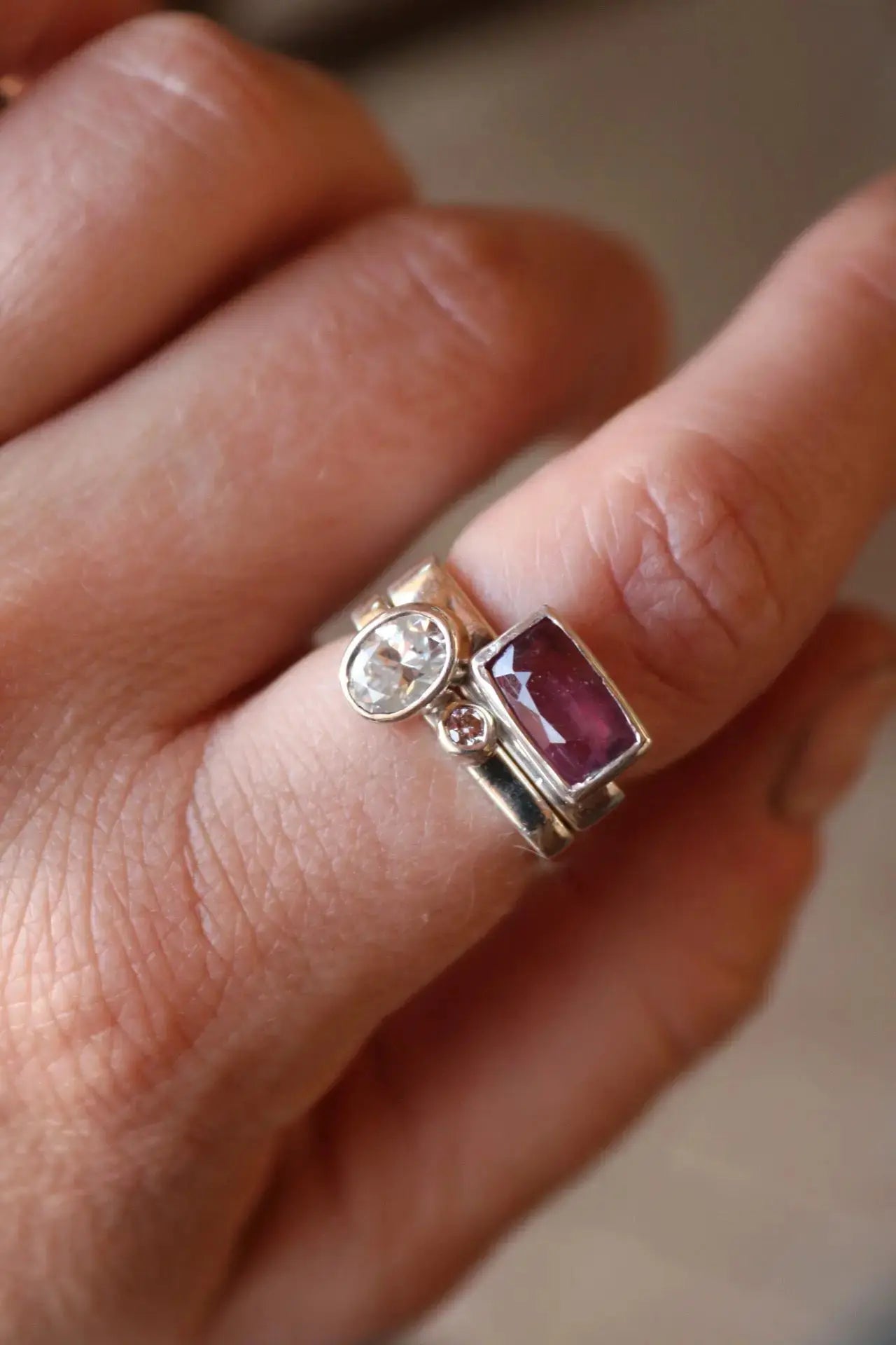 Square Silver Ring Set with Pink Sapphire & Moissanites (6.0-6.5) ORI Jewelry ORI Jewelry