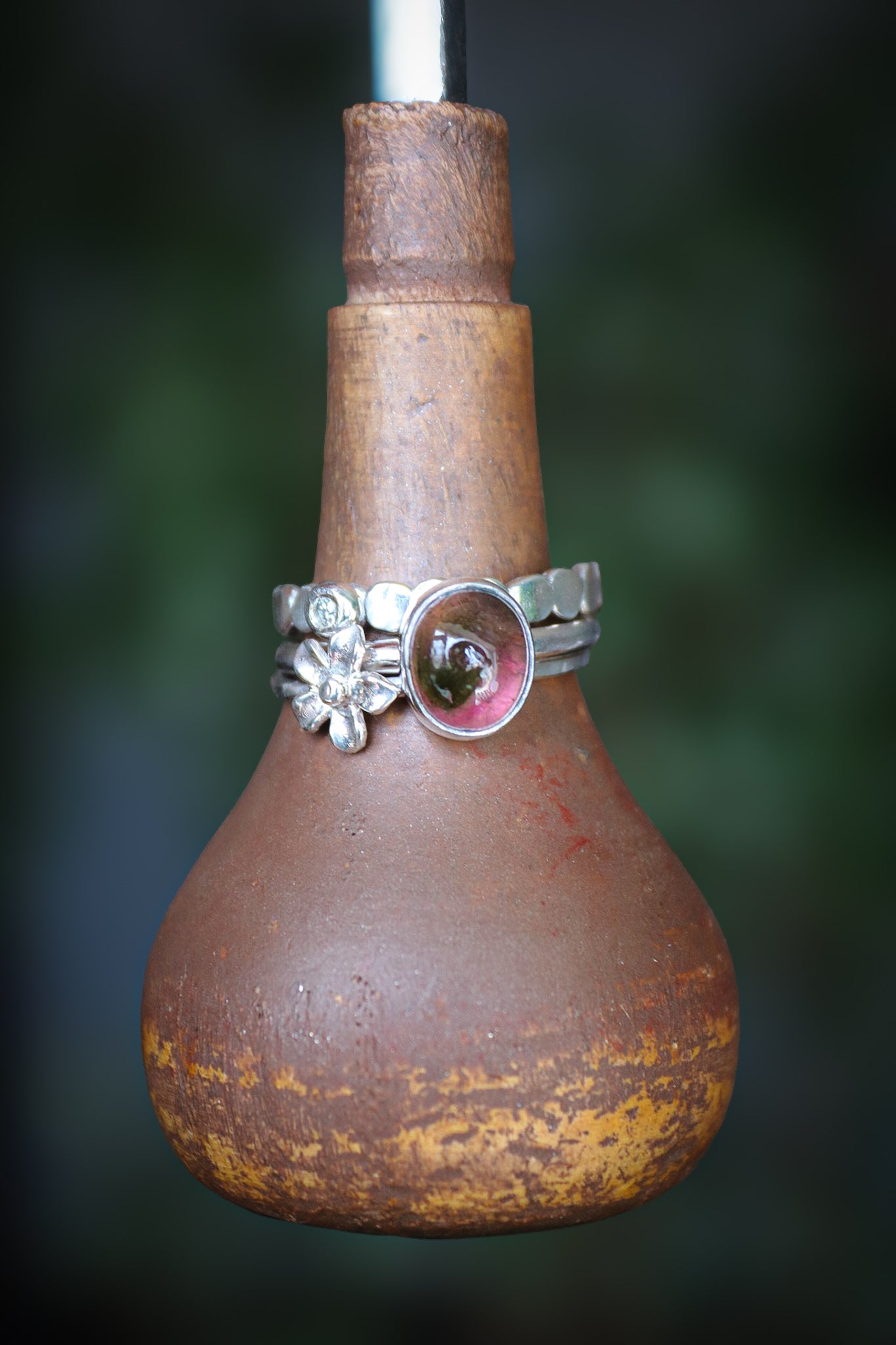 Tourmaline & Moissanite Silver Ring Set (8.5)