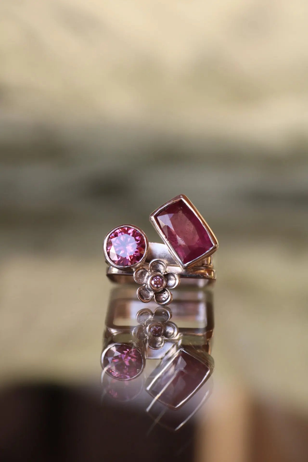 Square Ring Set with Sapphire and Moissanites (size 6.0-6.5) ORI Jewelry ORI Jewelry